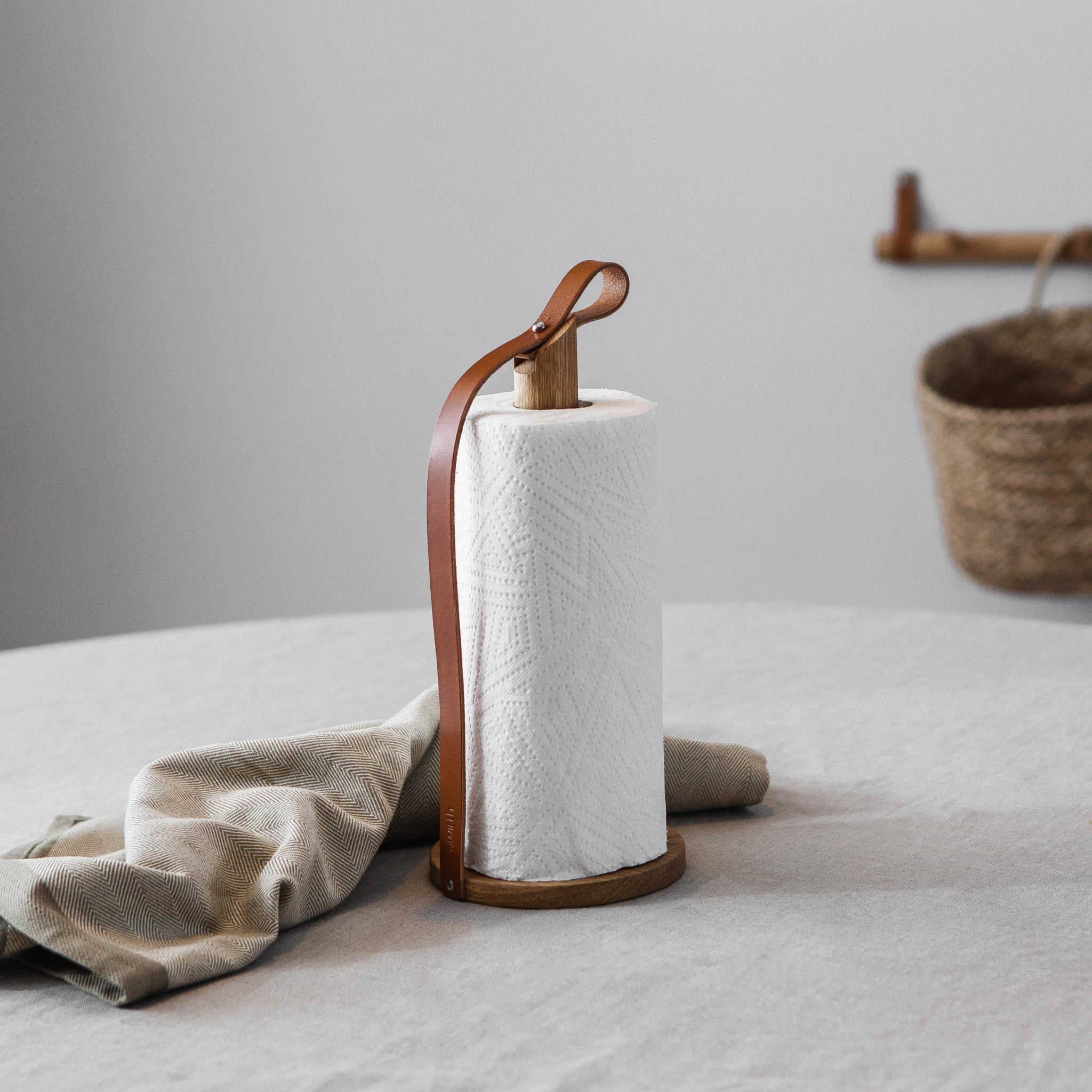 EKTA LIVING Hands-Free Paper Towel Holder - Oiled Oak & Leather Stand for Kitchen Countertop - Perfect for Cooking, Baking, and Home Organization