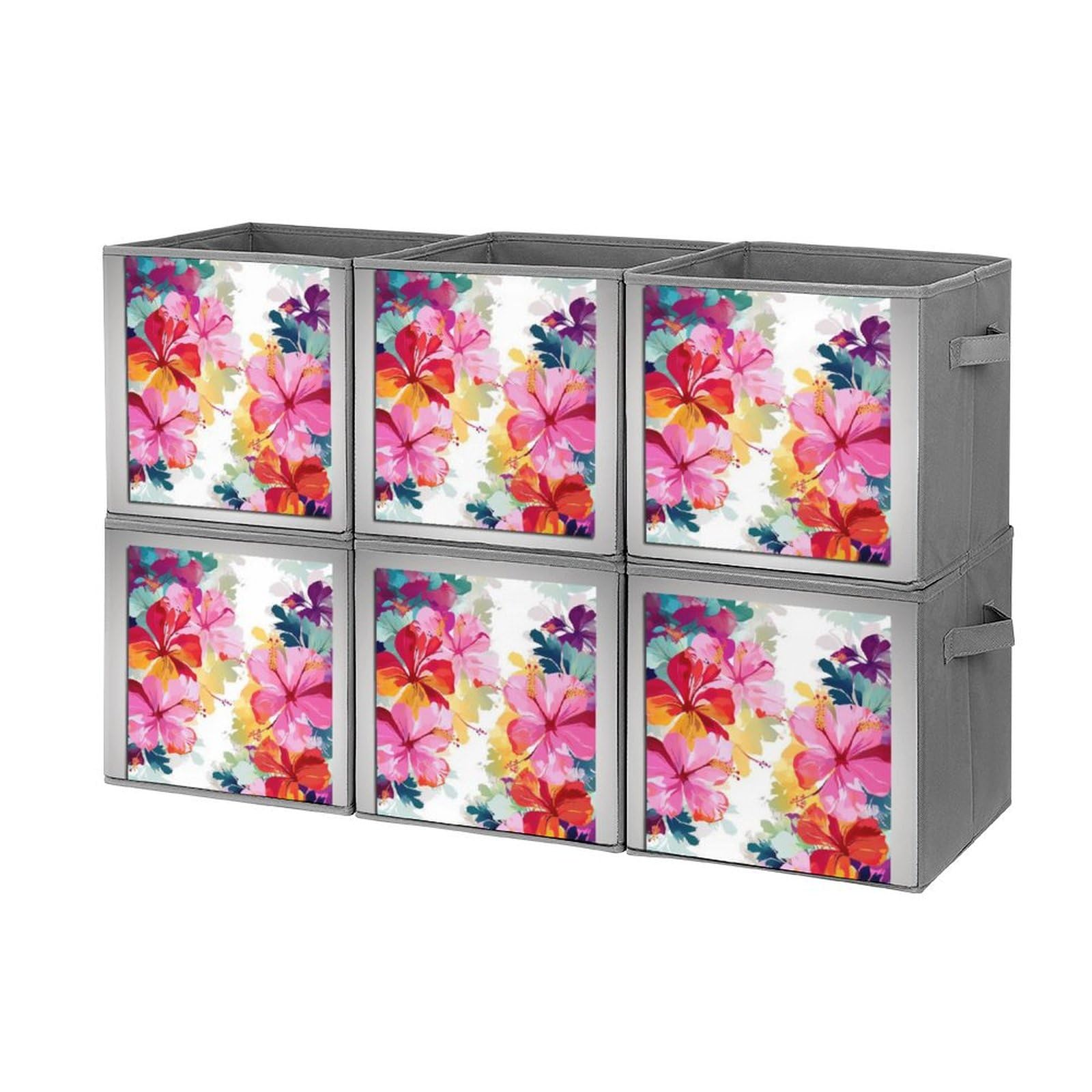 6-Pack Hawaiian Flower Print Collapsible Storage Bins with Handles - Large Closet Organizer Baskets for Clothing, Toys & Home Organization | Perfect for Bedroom, Nursery & Dorm Storage Solutions