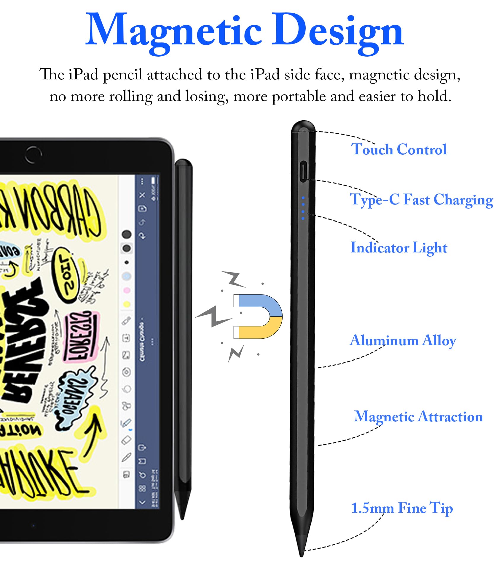 DOGAIN Active Stylus Pen for iPad/iPhone/Android - Rechargeable Magnetic POM Tip Stylus for Touch Screens (iPad Pro/Air/Mini & More) - Perfect for Drawing, Note-Taking & Digital Art