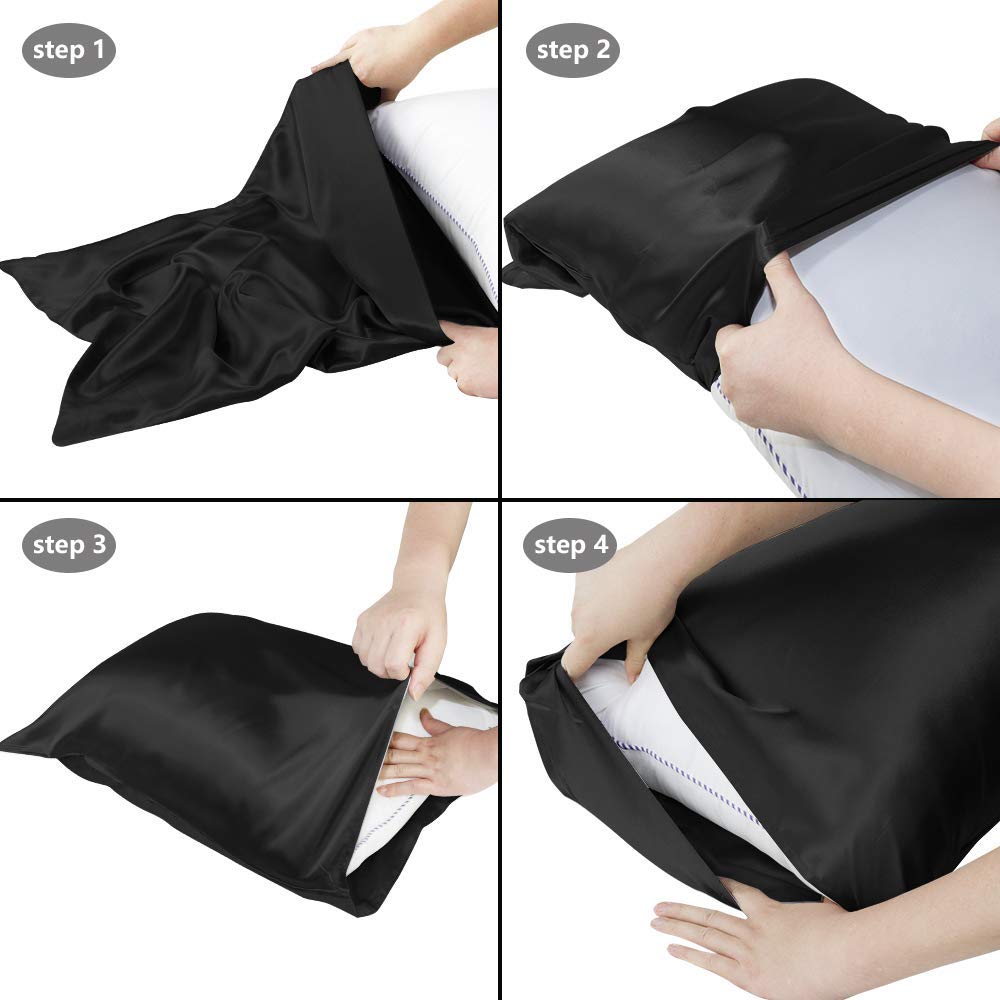 Luxury Satin Pillowcase for Hair and Skin - 2 Pack King Size (20x40 Inches) - Super Soft Cooling Pillow Cover with Envelope Closure - Black - Perfect for Beauty Sleep, Reducing Frizz & Wrinkles
