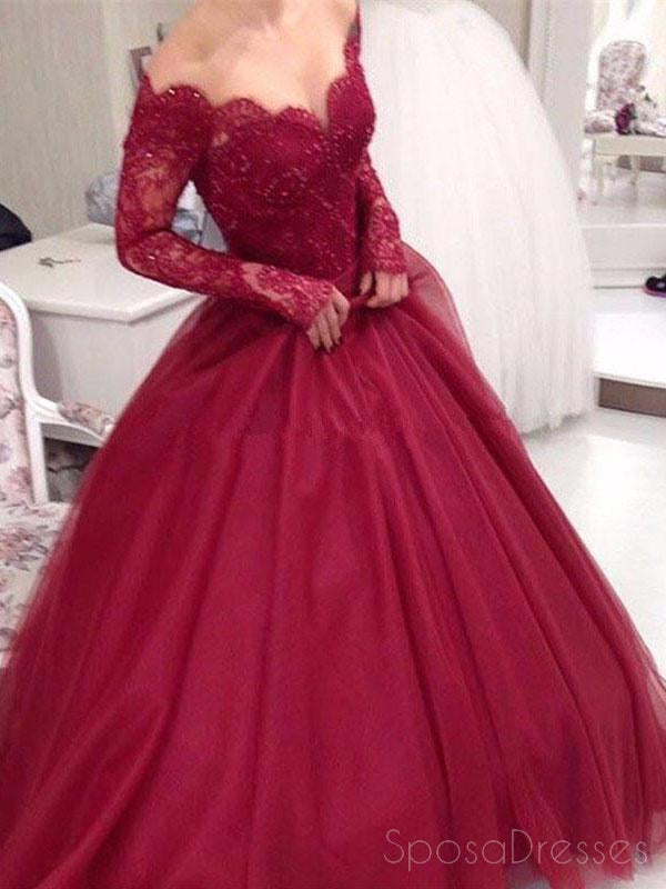 Elegant Off Shoulder Dark Red Long Sleeve Lace A-Line Evening Gown - Formal Prom Dress for Women | Perfect for Homecoming, Cocktail Parties & Special Occasions