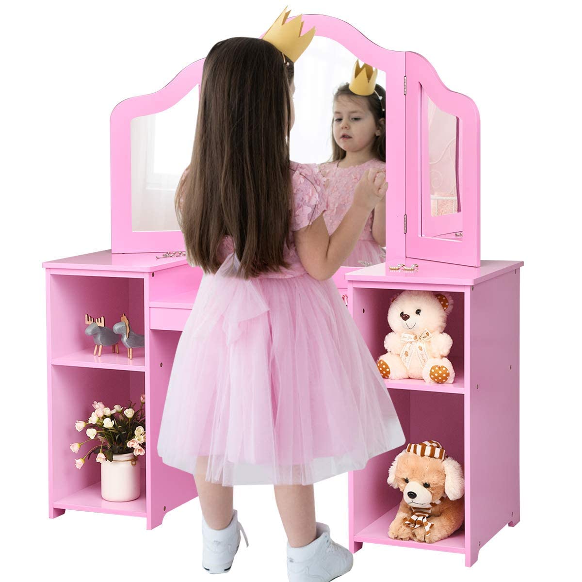 MAT EXPERT Kids Vanity Table Set with Tri-Folding Mirror - Wooden Princess Dresser with 4 Storage Shelves & Detachable Plastic Mirror - Pretend Play Makeup Dressing Table for Girls (Pink) - Perfect for Bedroom Decor, Birthday Gifts & Role Play Activities