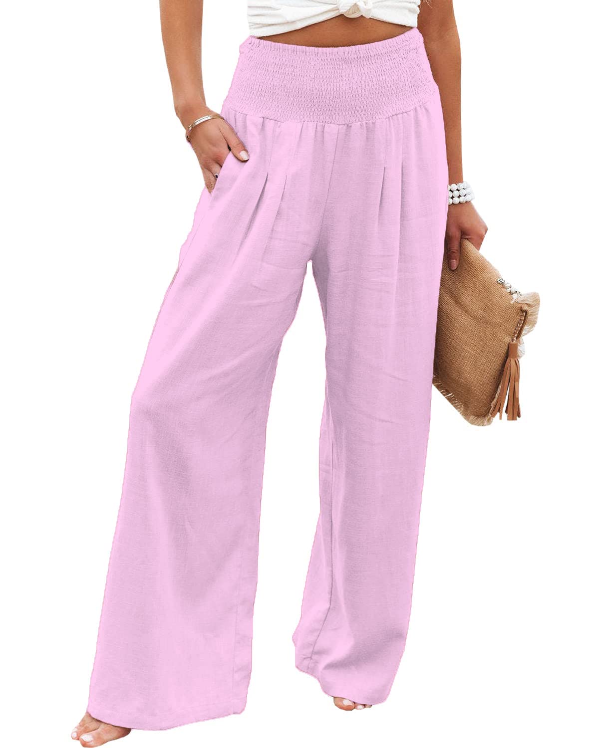 Women's Cotton Linen Elastic High Waist Palazzo Lounge Pants - Soft Loose Wide Leg Beach Trousers with Pockets - Perfect for Yoga, Travel & Summer Vacation