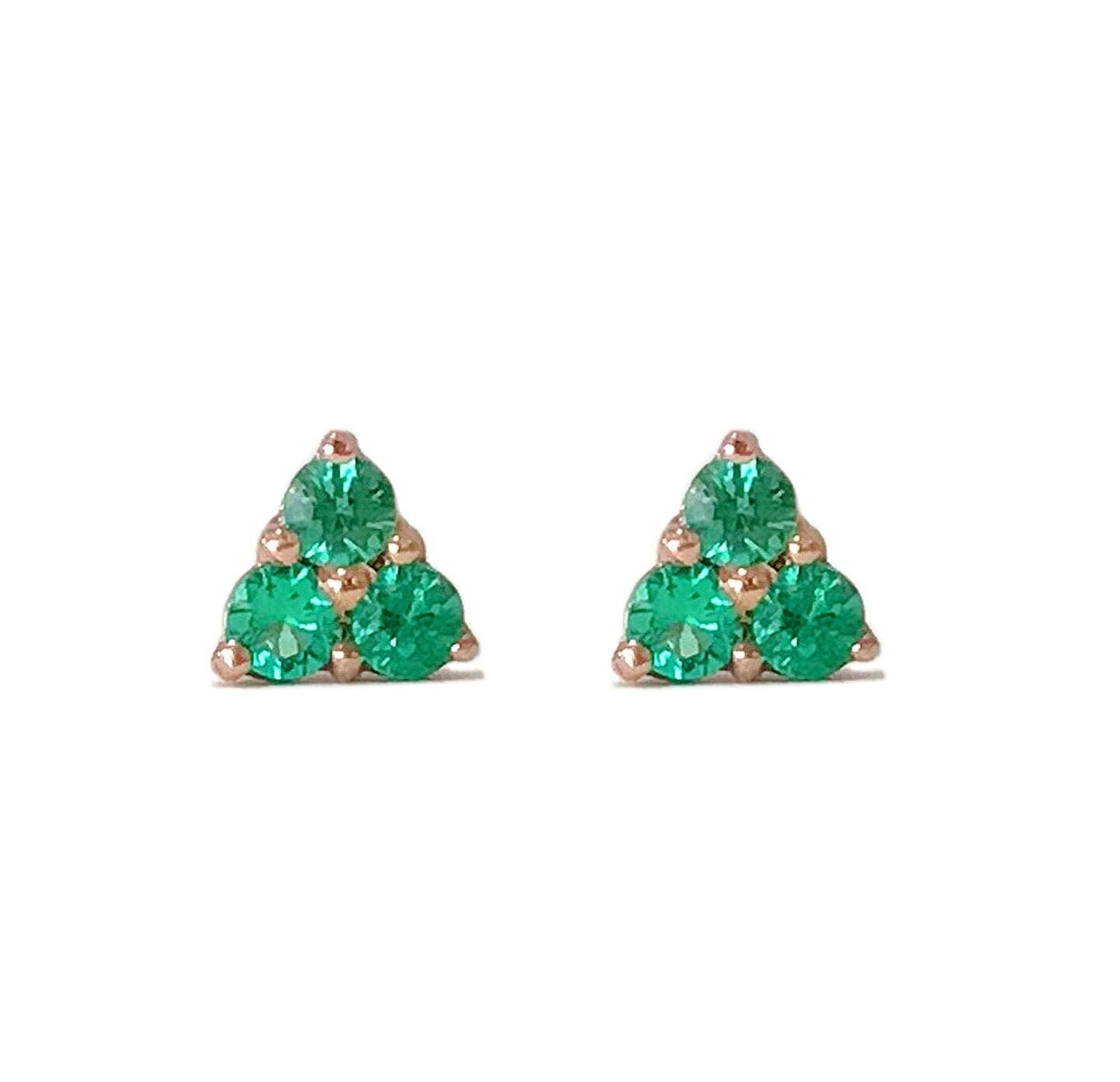 Genuine 2mm & 5mm Round Triple Emerald Stud Earrings in Sterling Silver or 14K Gold - Tri Stone Trinity Cluster Fine Jewelry for Women - Perfect for Weddings, Parties & Special Occasions