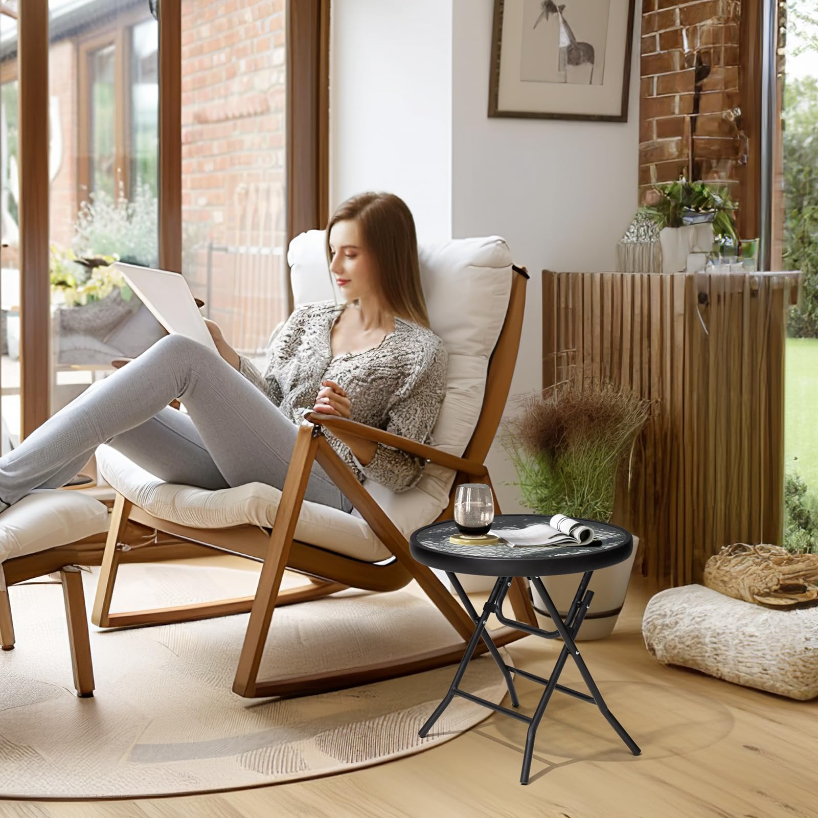 Foldable Side Table Set of 2 with Tempered Glass Top 18
