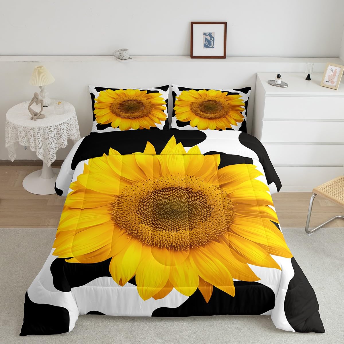 Sunflower Comforter Set Queen Size - Black & White Cow Print Floral Bedding for Girls, Women & Kids - Soft Microfiber Down Alternative Comforter with 2 Pillowcases - Perfect for Teen Rooms, Dorm Decor & Farmhouse Style Bedrooms