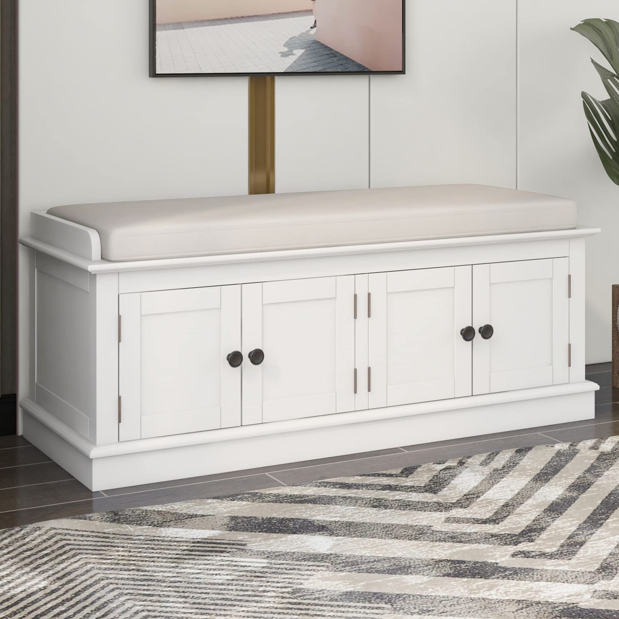 P PURLOVE Farmhouse Style Storage Bench with Adjustable Shelves & Removable Cushion - White Entryway Shoe Bench for Hallway, Living Room & Bedroom Organization