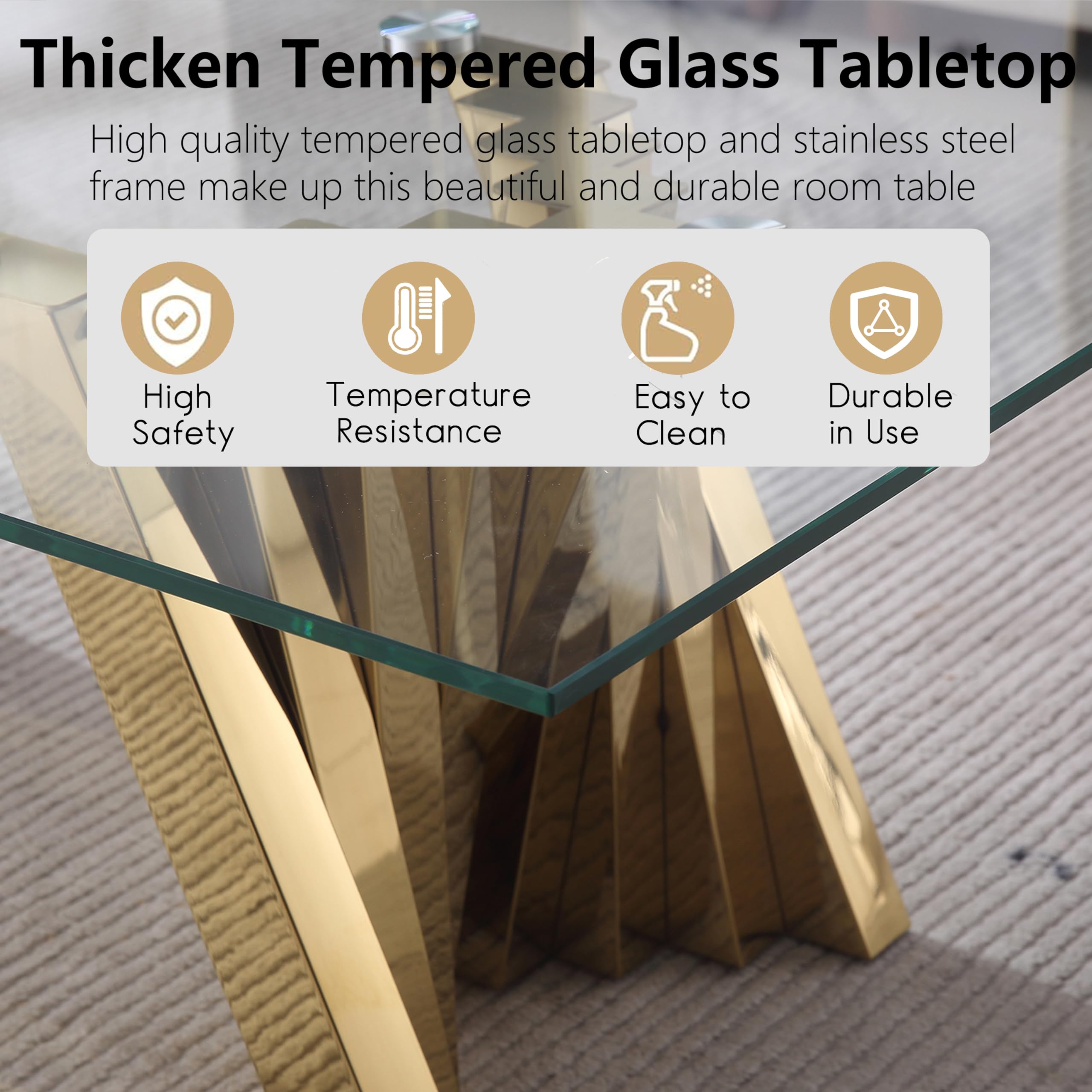 Premium 51in Rectangle Coffee Table Set with Tempered Glass Top & Gold Steel Base - Modern Living Room, Office, or Cafe Center Table for Cocktail Parties & Home Decor