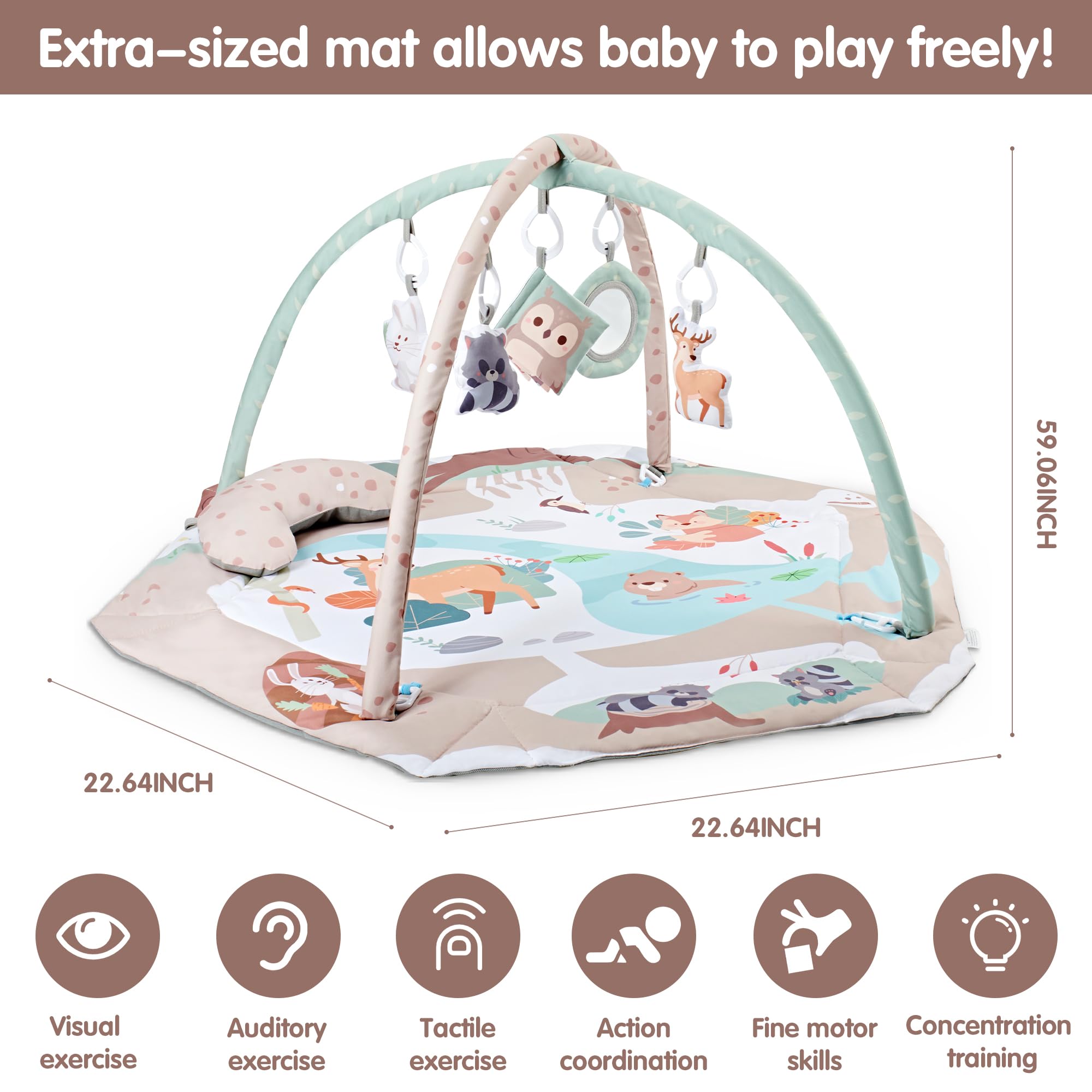 AIBOMUDA Baby Play Gym & Activity Mat with 5 Sensory Toys - Washable Tummy Time Mat, Ball Pit for Infants 0-12 Months - Perfect for Crawling, Sensory Play & Developmental Milestones - Great Baby Shower Gift for Boys & Girls