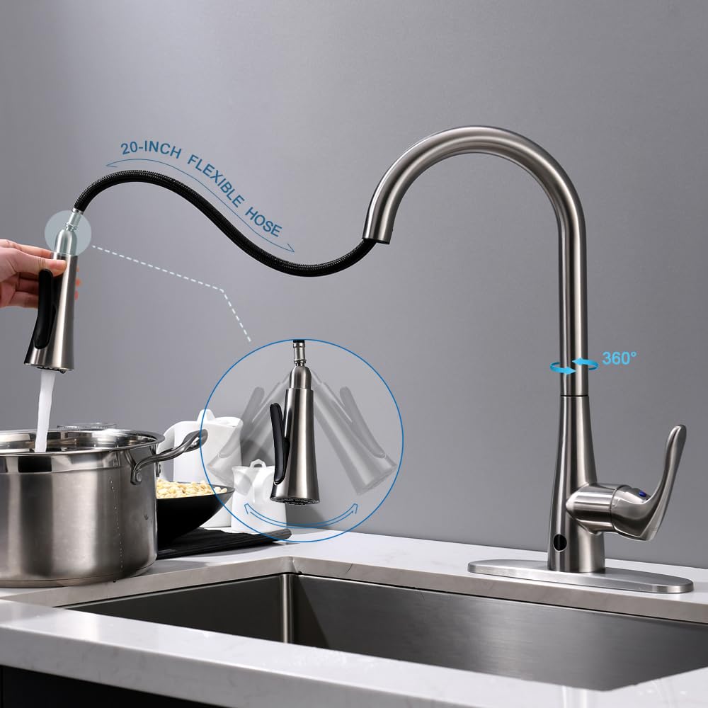 GEOATON Touchless Kitchen Faucet with Dual Motion Sensor, Pull Down Sprayer, Healthy Material, Easy DIY Install in Brushed Nickel for Modern and Hygienic Kitchens