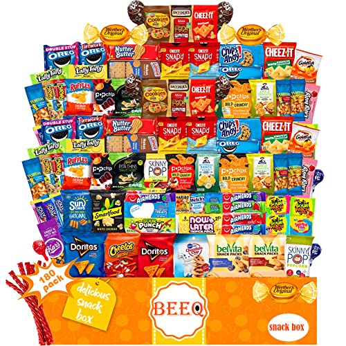 180 Count Variety Snacks Gift Box - Chips, Cookies & Candy Care Package for College Students, Military, Work or Home | Perfect for Dorm Rooms, Office Snacking & Care Packages | Sweet Choice in BEEQ Box