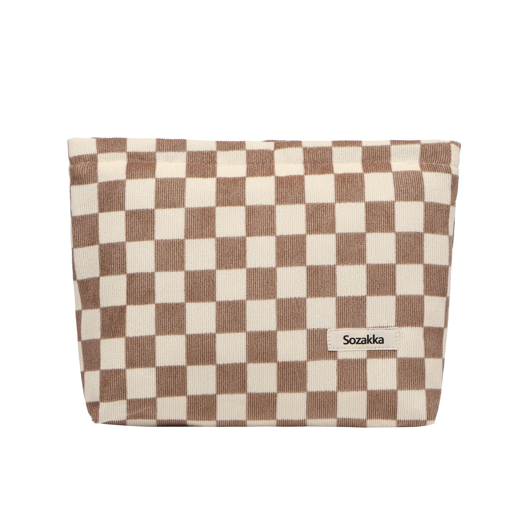 Stylish Canvas Checkered Makeup Bag for Women - Travel Cosmetic Organizer with Zipper, Brown Makeup Pouch for Girls | Perfect for Travel, Gym, and Daily Essentials Storage