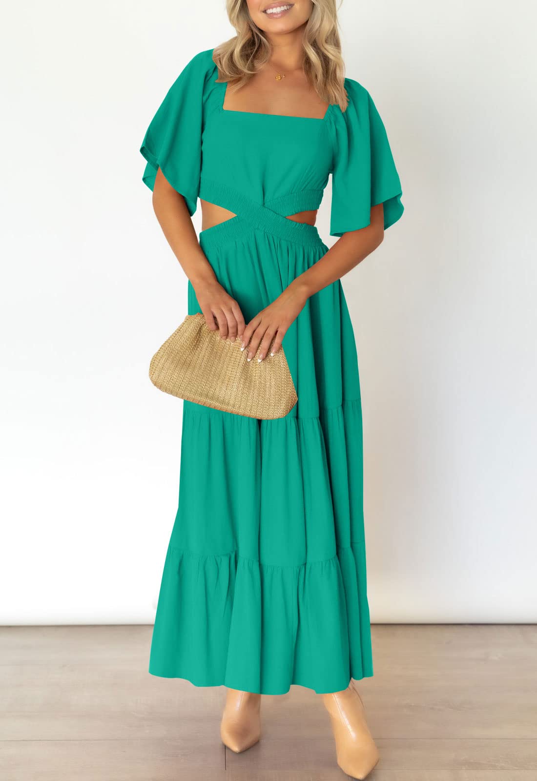 LEANI Women's 2025 Summer Cutout Maxi Dress - Square Neck Short Sleeve Crossover Waist Casual Party Dress for Beach Vacation, Date Night & Special Occasions