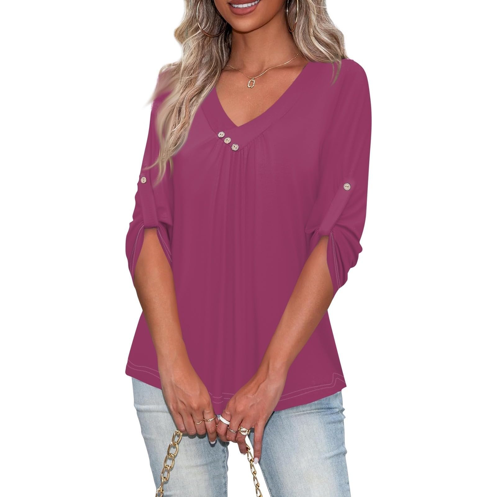 Elegant 3/4 Sleeve V-Neck Tunic Tops for Women - Loose Fit Casual Pullover Shirts | Perfect for Work, Weekend Outings & Layering