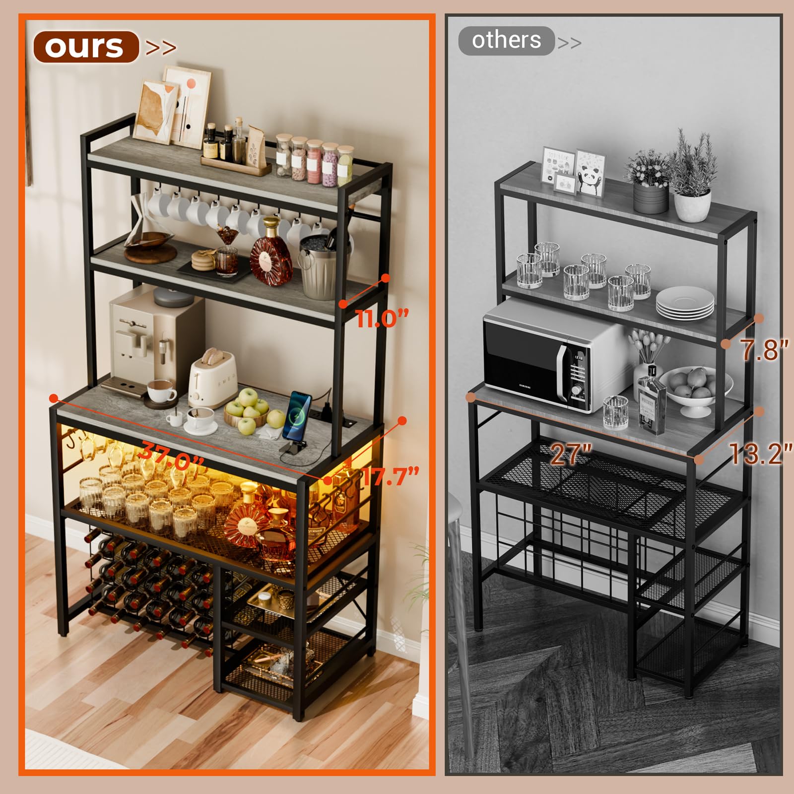 Freestanding Wine Bar Cabinet with Outlet & LED Lights - 4-Tier Movable Storage Shelf, Glass Holder - Durable Kitchen & Dining Room Liquor Cabinet for Home Entertaining, Parties & Wine Storage