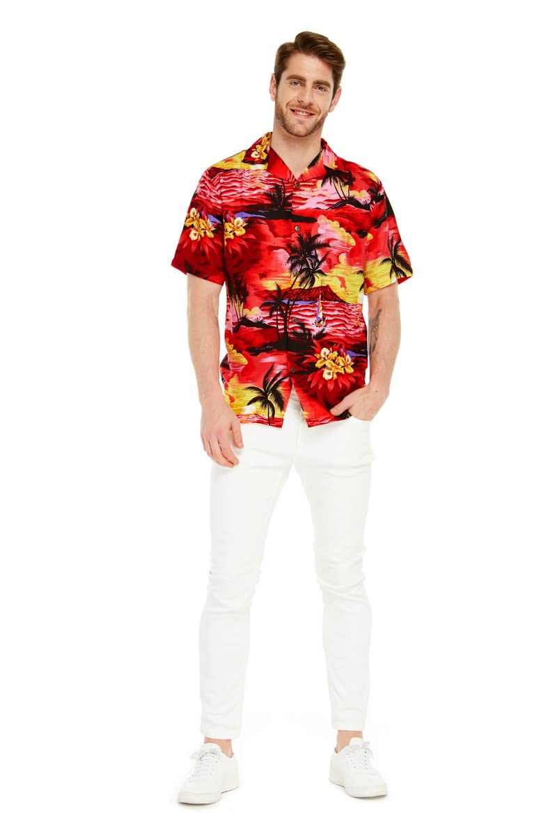 Hawaiian Luau Outfits for Family - Matching Tropical Shirts & Dresses for Men, Women, Boys & Girls in Sunset Red | Beach Party, Summer Vacation & Theme Party Wear
