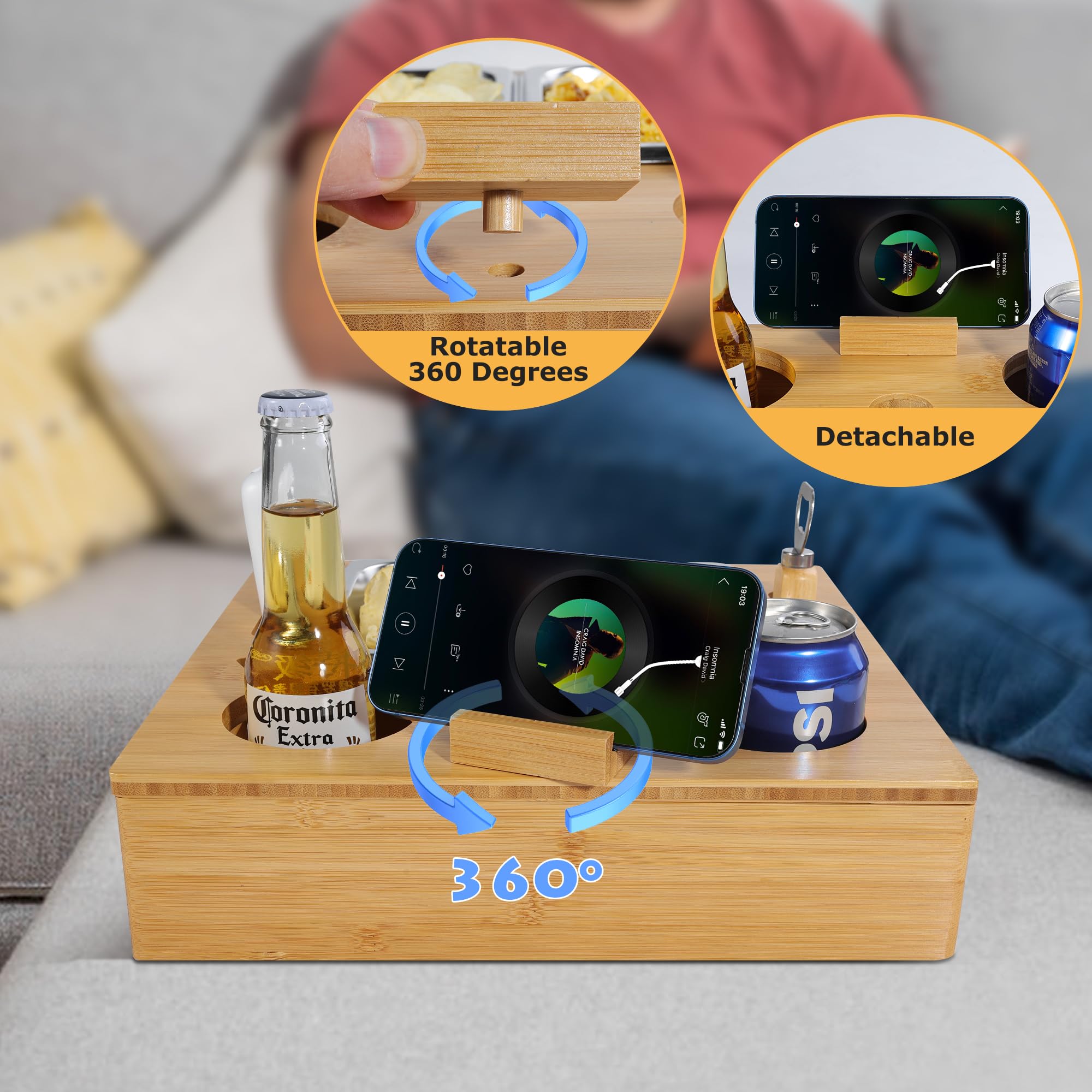 IKER Wooden Couch Cup Holder & Snack Tray - Rotatable Phone Stand, Anti-Spill Drink Holder for Sofa, Bed, Car - Perfect for Movie Nights, Road Trips & Relaxing with Snacks & Drinks