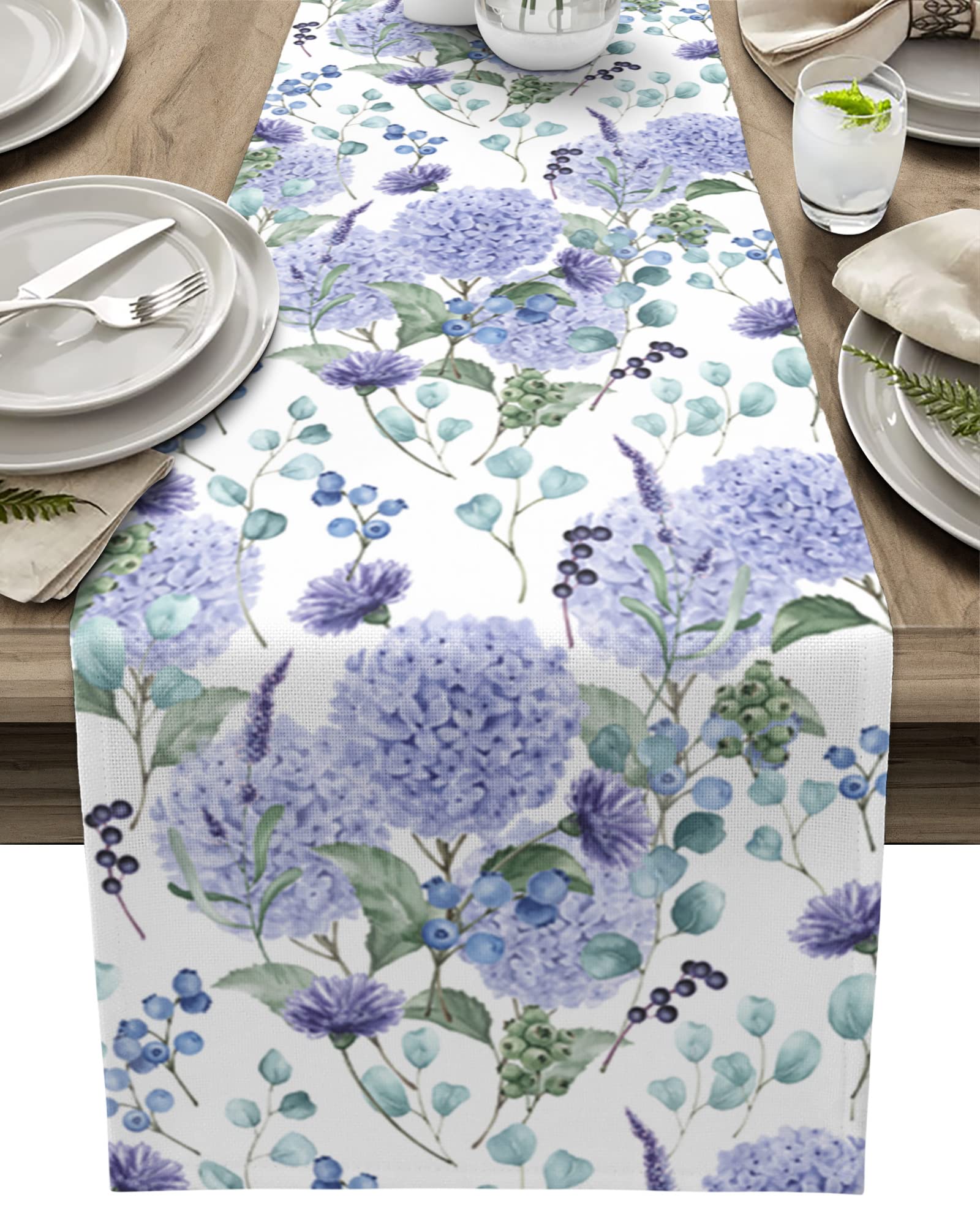 Spring Floral Hydrangea Table Runner - 48 Inch Cotton Washable Dining Table Cloth for Kitchen, Wedding, Party & Birthday Decor - 13