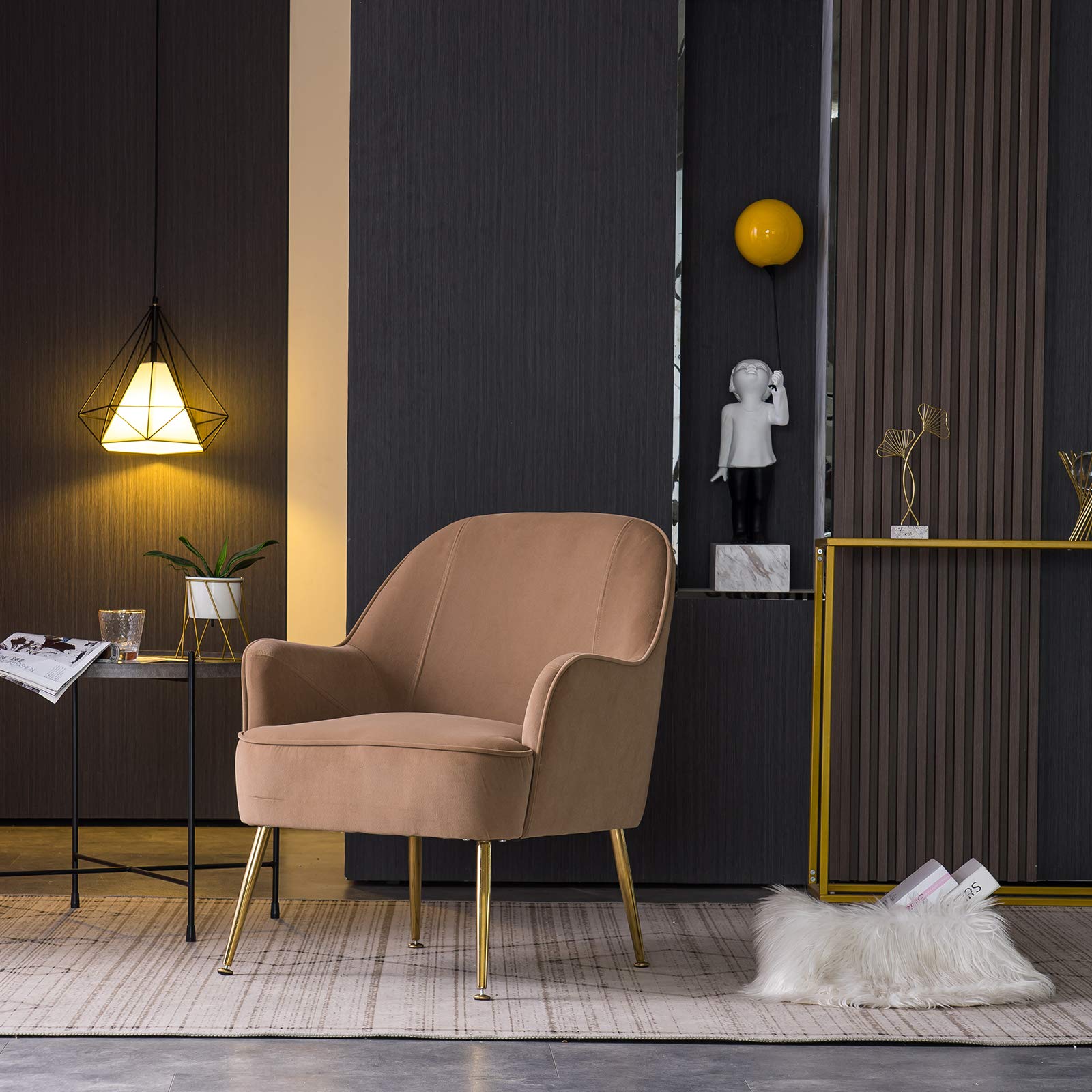 JULYFOX Modern Velvet Tufted Accent Chair with Golden Legs - Brown Upholstered Armchair for Living Room, Bedroom, Office & Study - Perfect for Reading, Relaxing & Home Decor