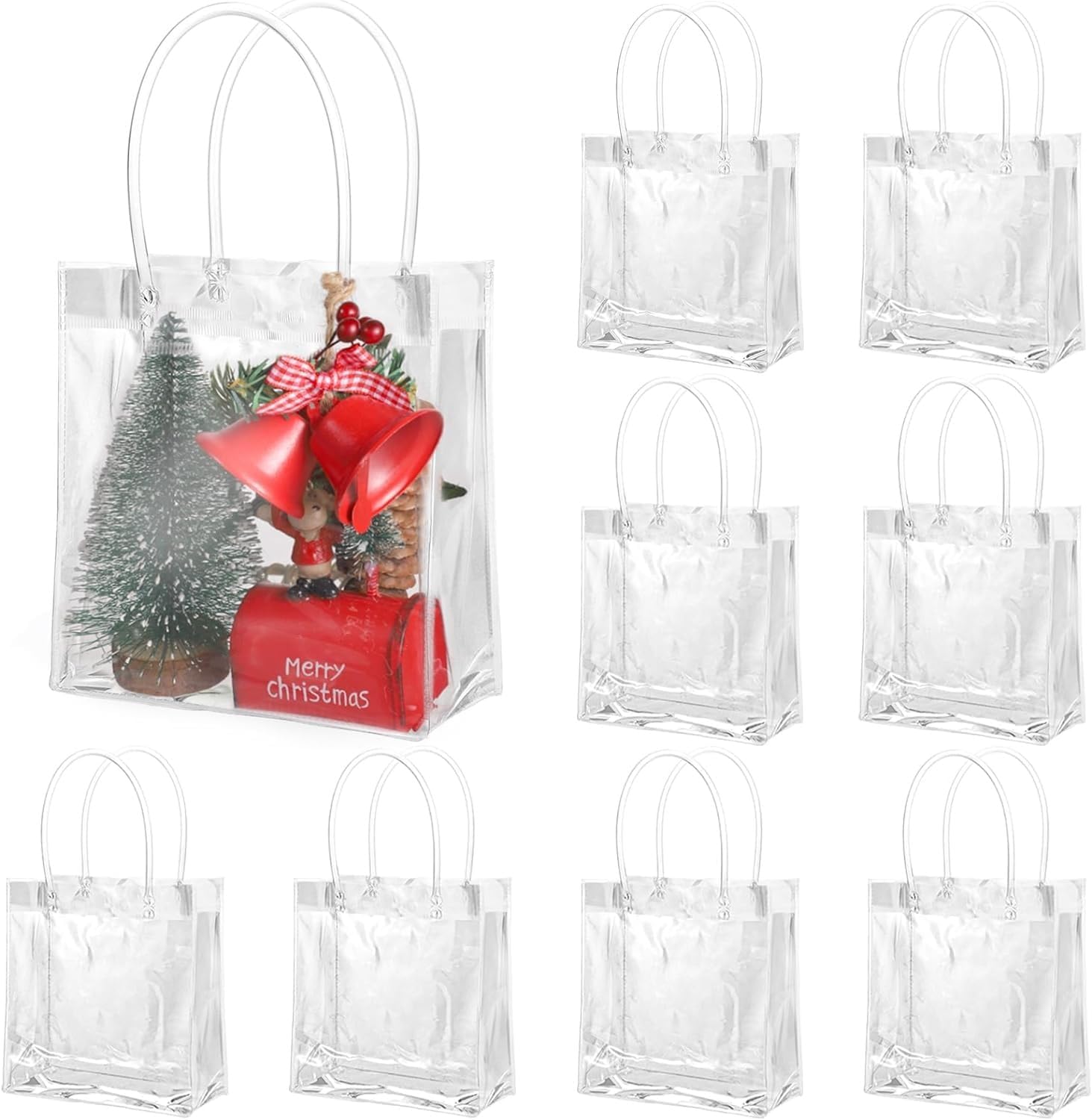 6 Pack Small Clear Plastic Gift Bags with Handles - 18cm Transparent Goodie Bags for Valentine's Day, Party Favors, Wedding Favors, Birthday Treats & Retail Shopping