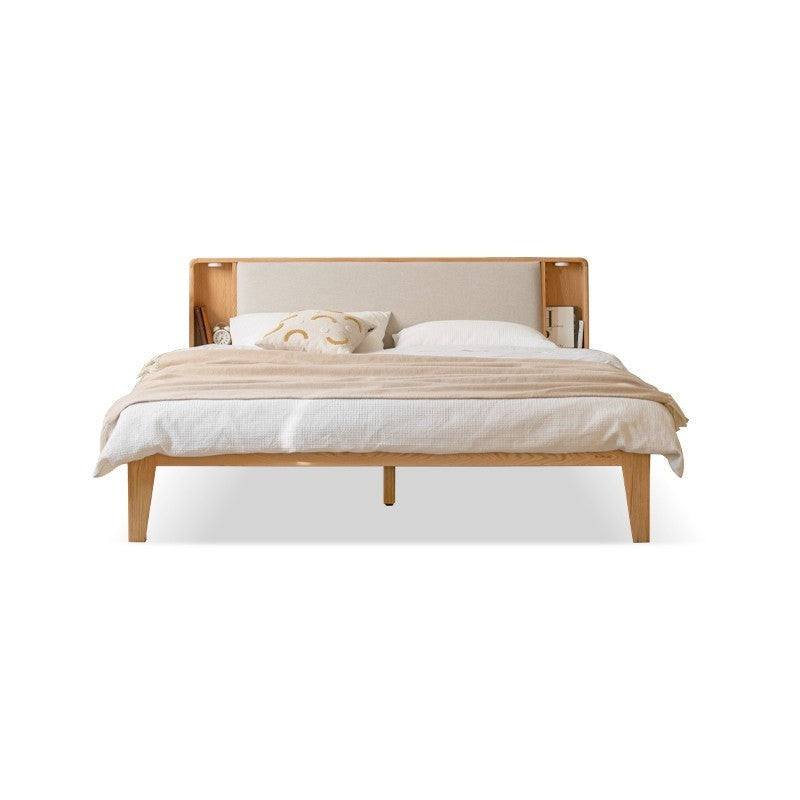 Solid Oak Wood Leather & Fabric Luminous Bed with Shelf - Modern Platform Bed Frame with Storage for Bedroom, Guest Room, or Dorm