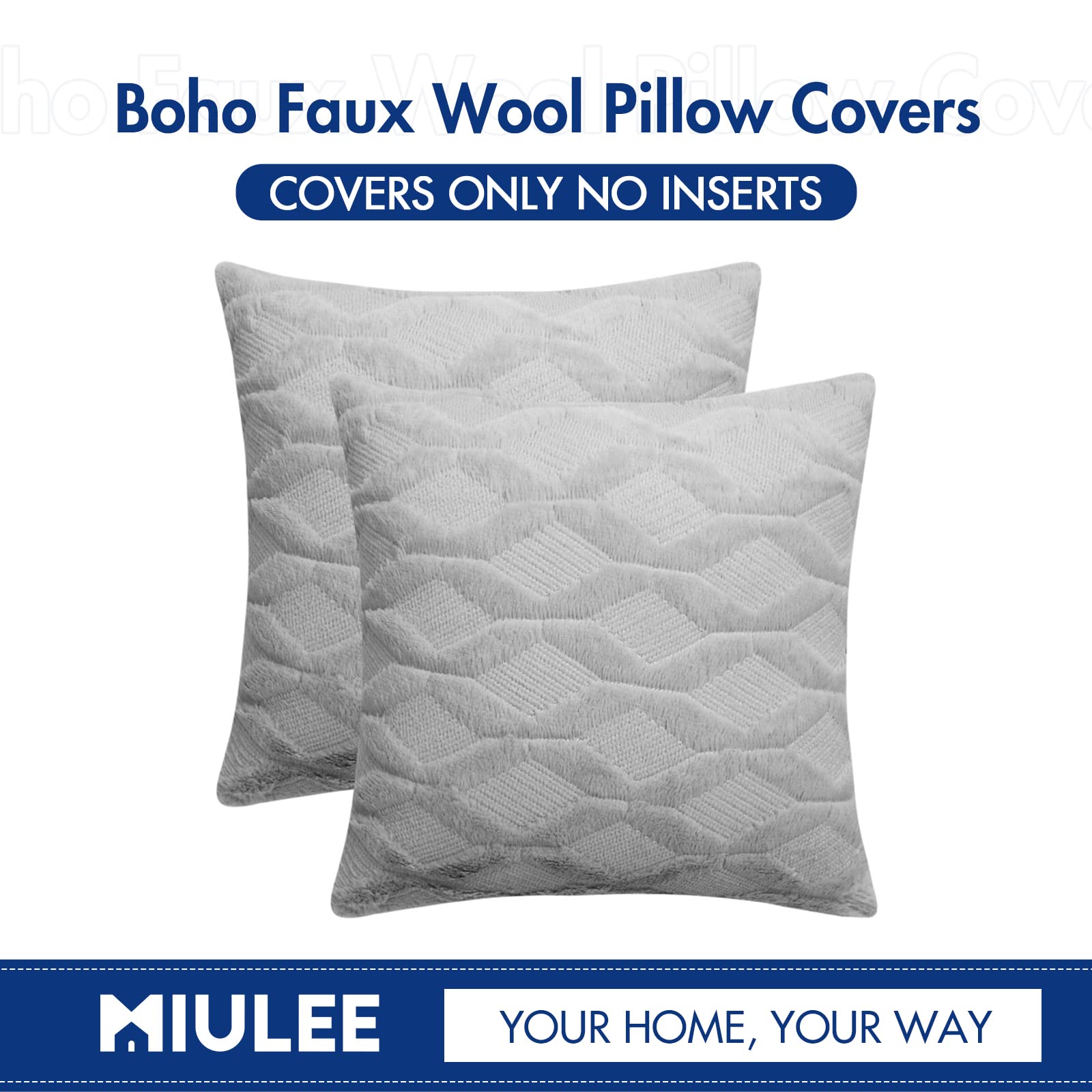 MIULEE Light Gray Throw Pillow Covers 16x16 Set of 2 - Soft Plush Farmhouse Decorative Pillow Cases with Boho Shell Design for Couch, Sofa, Bedroom & Living Room - Cozy Winter Home Decor Accents