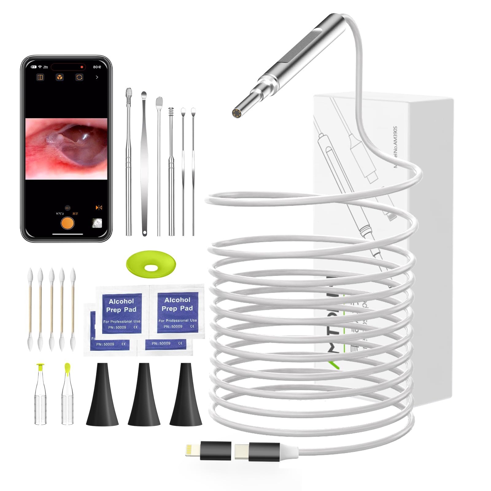 AMTORIN 1080P Ear Wax Removal Tool - No WiFi Needed, Plug & Play Otoscope for iPhone 15/Android - 3.9mm Camera with Photo/Video Function - Safe Ear Cleaner for Home Use & Kids Ear Inspection