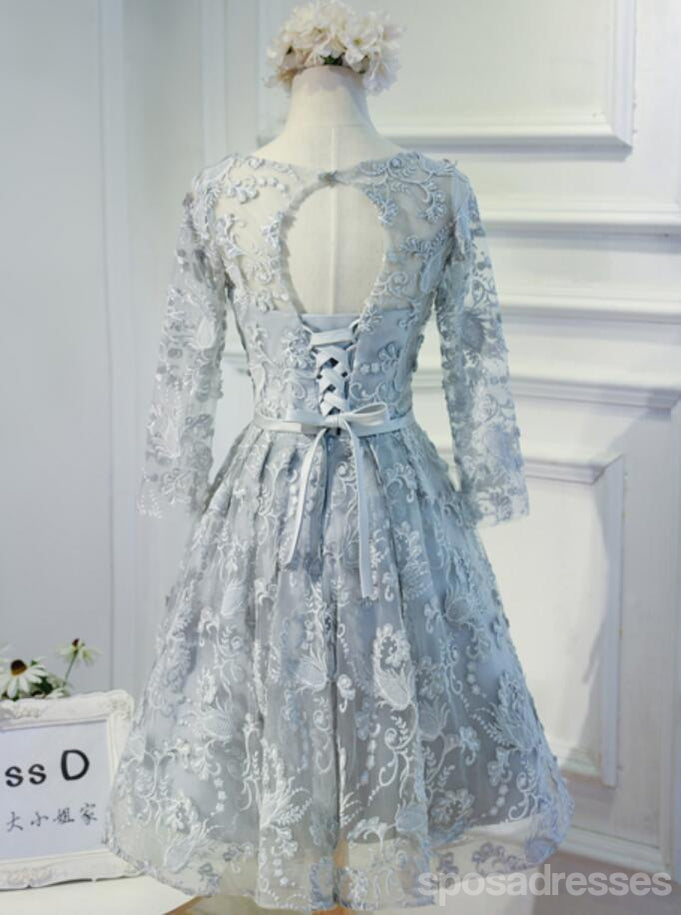 Elegant Long Sleeve Grey Lace Modest Prom Dress for Homecoming | Affordable Short Party Dress | Perfect for Formal Dances, Weddings & Special Occasions | CM296
