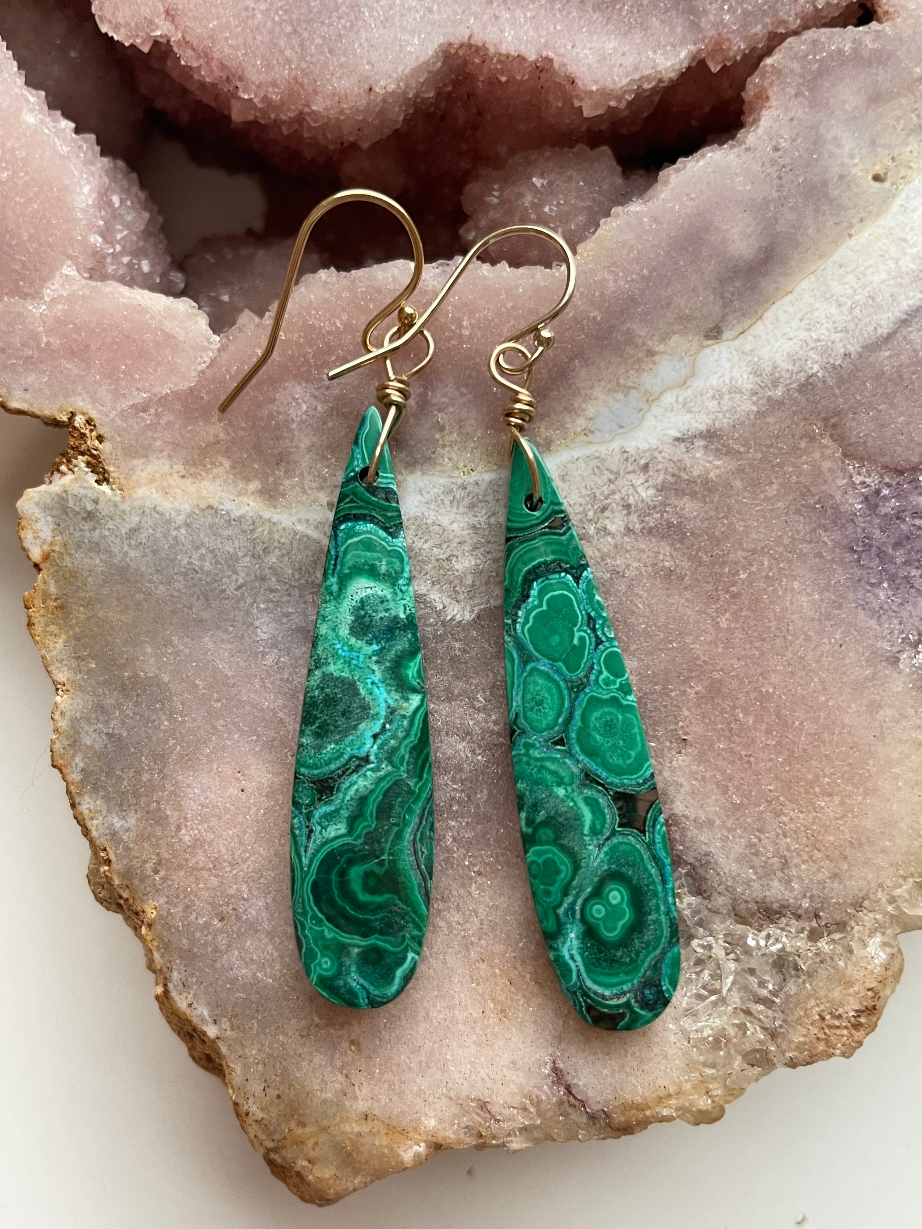 14kt Gold Filled Malachite Crystal Dangle Earrings for Women - Elegant Green Gemstone Jewelry for Parties, Weddings & Special Occasions