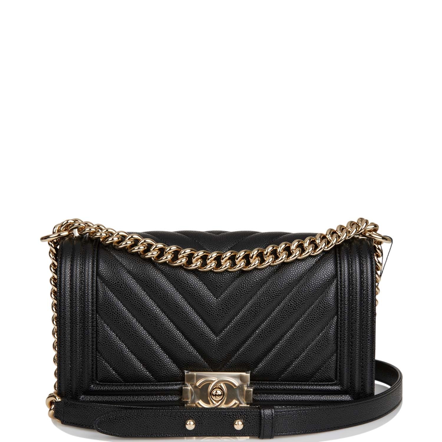 Chanel Medium Boy Bag Black Chevron Caviar with Light Gold Hardware - Luxury Crossbody Bag for Women, Perfect for Date Night & Special Occasions