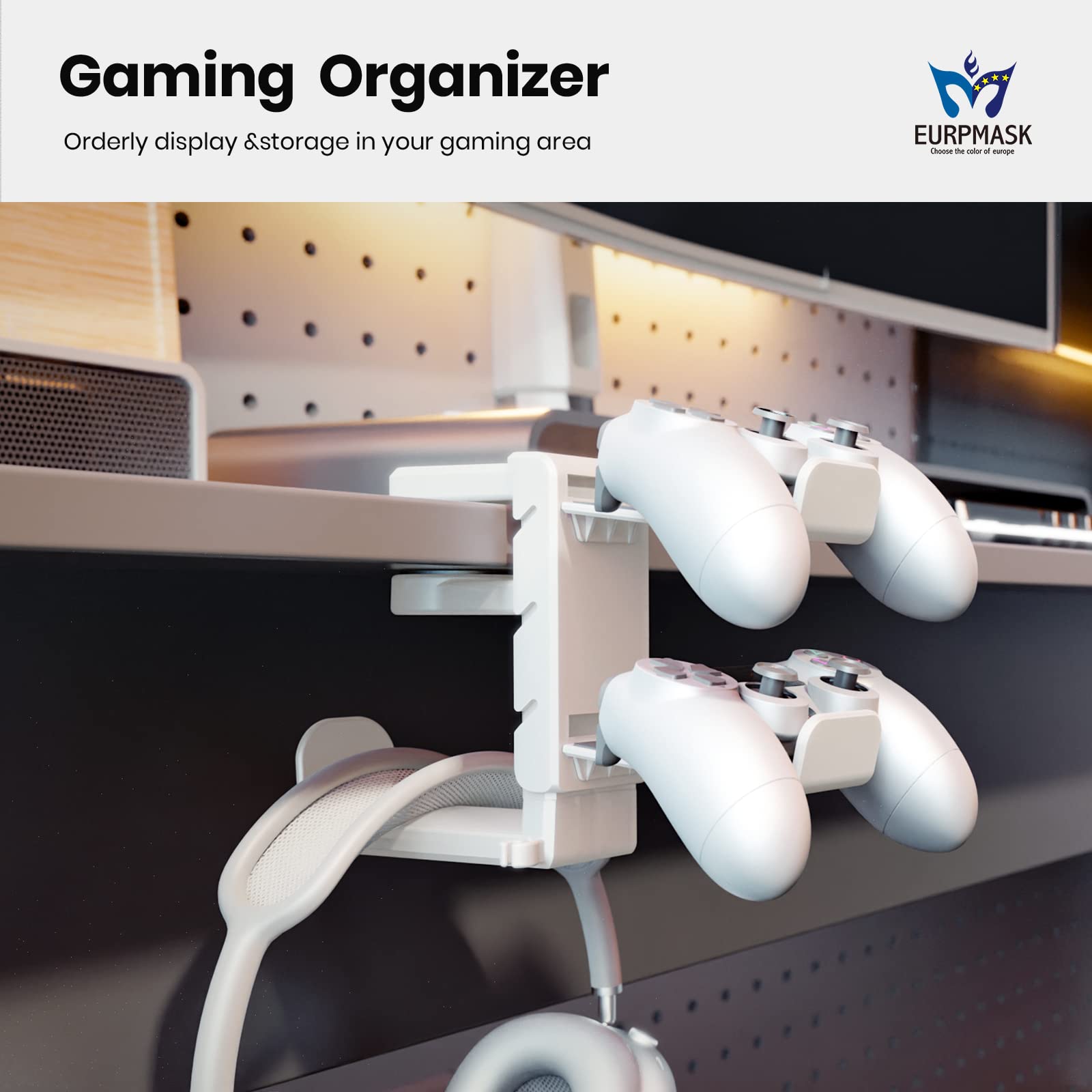 3-in-1 PC Gaming Headset & Controller Stand with Adjustable Clamp, Rotating Arm & Cable Management - Universal Gaming Accessory for PS5, Xbox & PC (White) - Perfect for Organized Gaming Setup & Streamer Stations