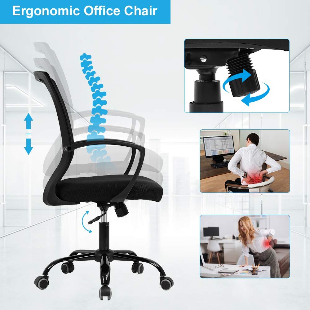 Ergonomic Office Chair with Lumbar Support - Adjustable Mesh Back Executive Chair, Swivel Rolling Task Chair for Home Office & Conference Room - Breathable Comfort for Long Hours (Black) - Perfect for Remote Work, Gaming & Study Sessions