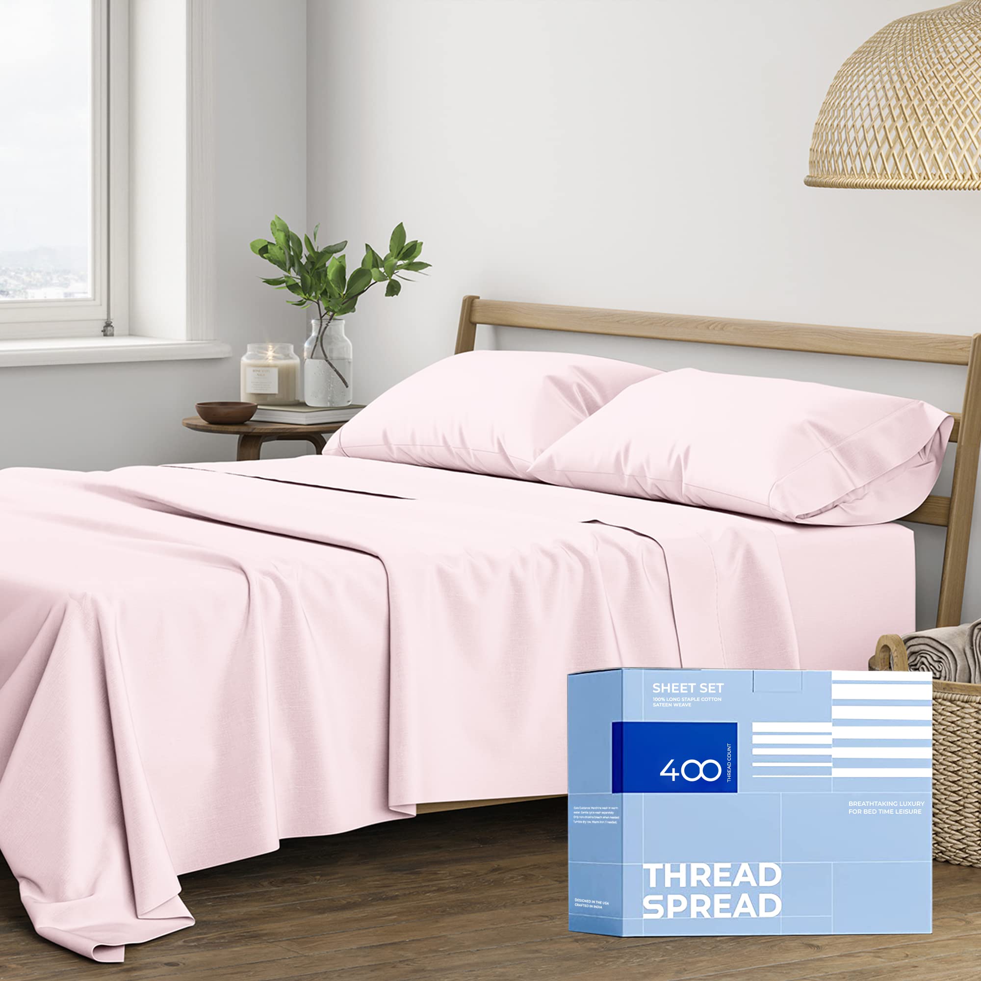 Premium 400 Thread Count 100% Cotton Twin Sheet Set - 3 Piece Cooling Luxury Sateen Bed Sheets with Deep Pockets for Easy Fit, Soft & Breathable Dorm Room Essentials (Blush Pink) | Perfect for College Dorm, Guest Room & Cozy Bedroom Decor