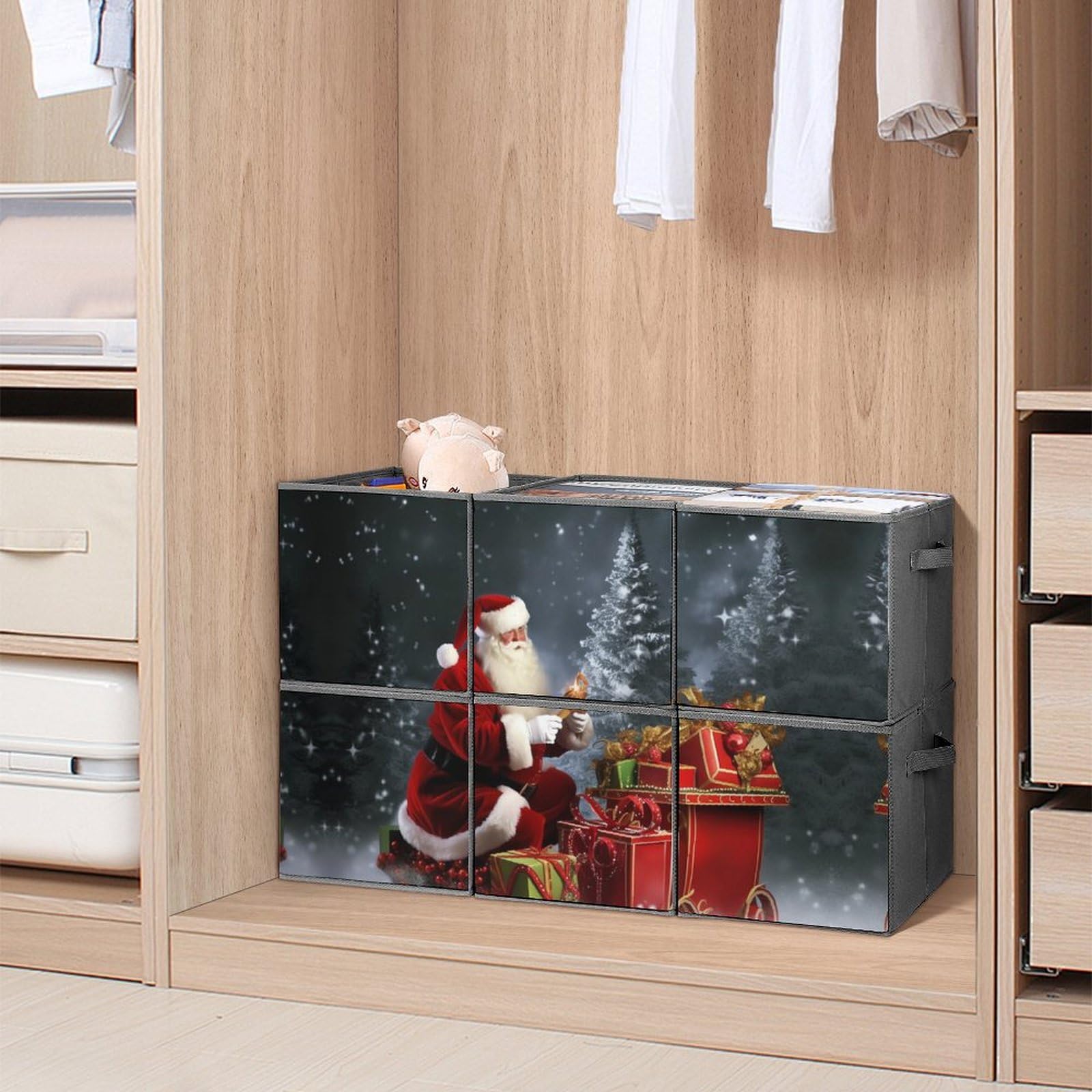 6-Pack Collapsible Santa's Gift Storage Bins with Handles - Large Closet Organizer for Christmas Decor, Clothing & Home Organization | Perfect for Holiday Storage, Bedroom & Closet Organization