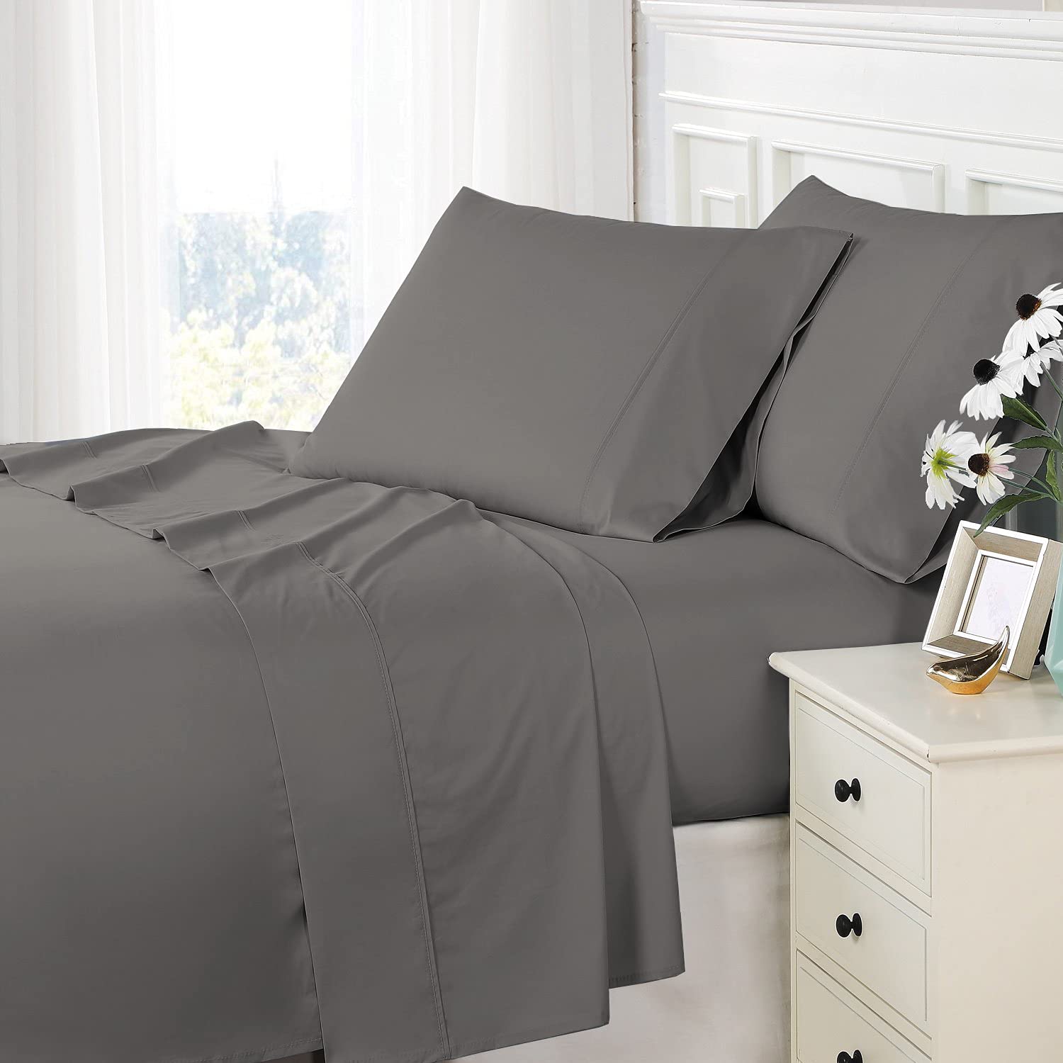 Pizuna 800 Thread Count 100% Long Staple Cotton Sateen Sheet Set - Queen Size, Frost Grey, Fits Up to 15 Inch Deep Pockets | Ultra Soft Luxury Bed Sheets for Hotel-Like Comfort at Home