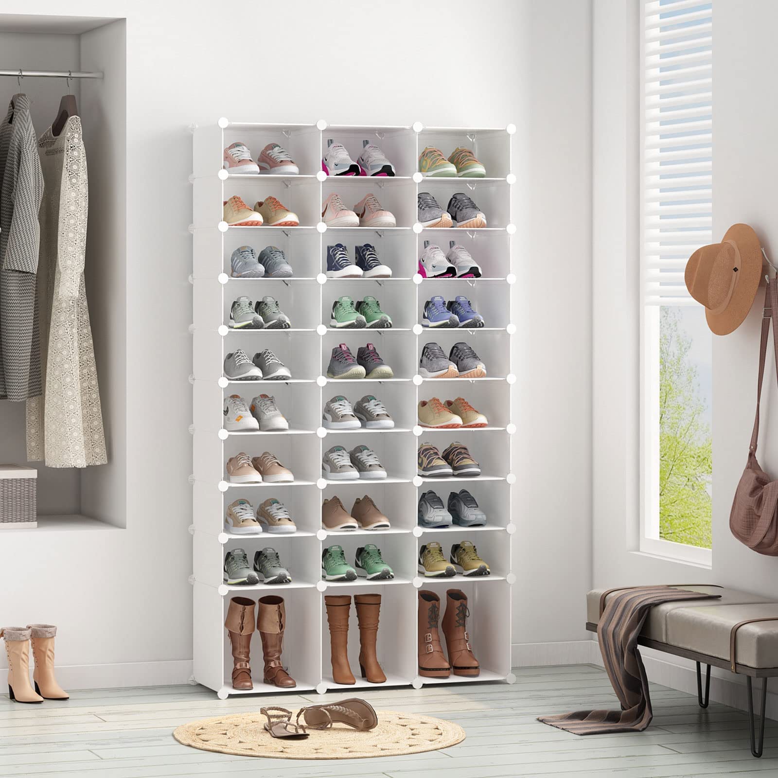 Aeitc 33-Cube Shoe Rack & Plastic Storage Organizer - Modular Cabinet for Entryway, Closet, Bedroom - White | Space-Saving Shoe Storage Solution for Home Organization