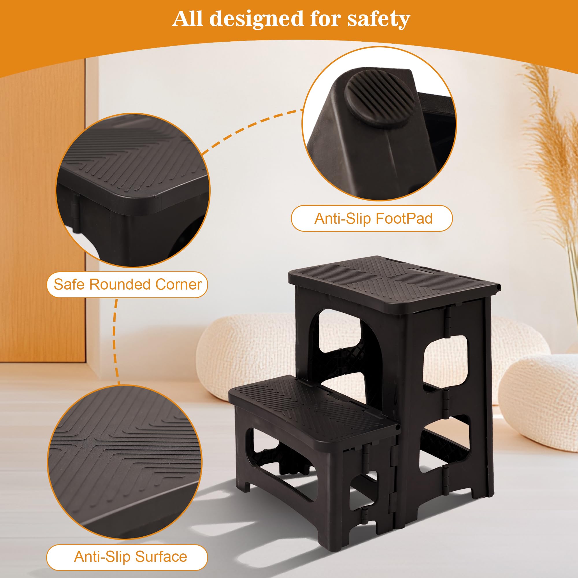 Heavy Duty Folding 2 Step Stool 300 lb Capacity - Non-Slip Foldable Step Stool for Adults - Compact Kitchen Bathroom Bedroom Office RV Ladder - Space Saving Home Organization (Black) | Perfect for Reaching High Shelves, Changing Light Bulbs & Home Storage Solutions