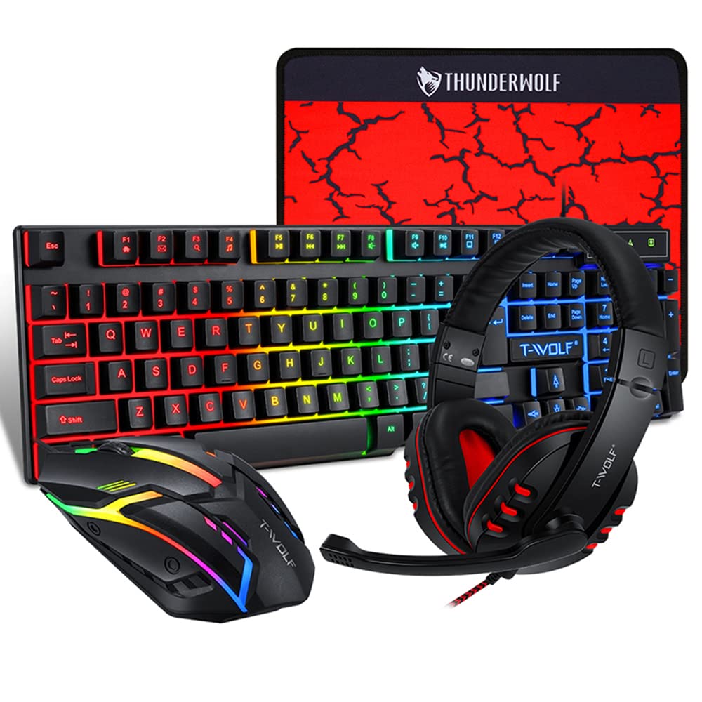 TF800 4-Piece Gaming Combo Set - 104 Key RGB Backlit Keyboard, LED Gaming Mouse, 3.5mm Headset & Anti-Slip Mouse Pad - Perfect for PC Gaming, Esports & Streaming Setup