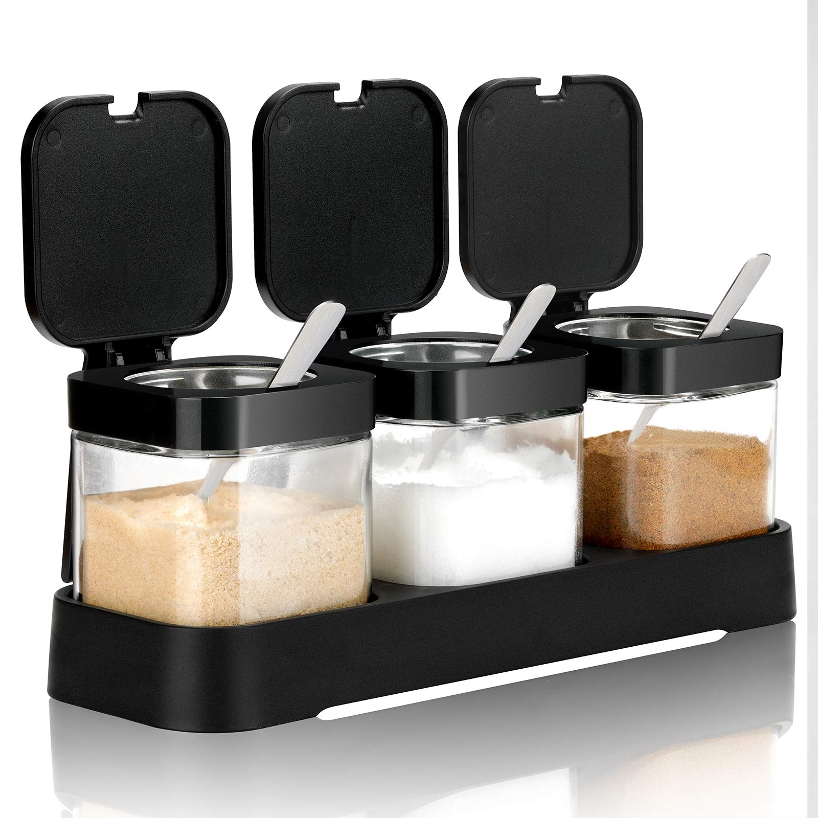 **Mlici 8.6oz Clear Glass Spice Jars with Lids & Spoons - Set of 3 Airtight Condiment Containers for Salt, Sugar & Seasonings - Perfect for Kitchen Pantry, Baking & Meal Prep Organization**