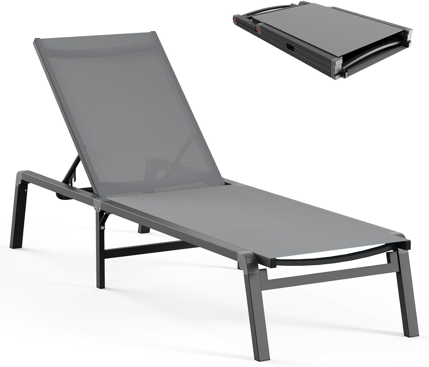 Premium Foldable Outdoor Lounge Chair - 0-60° Adjustable Backrest, No Assembly Tanning Chaise Lounge with Stainless Aluminum Frame for Patio, Poolside & Beach Relaxation - Grey (Perfect for Sunbathing, Backyard Lounging & Vacation Getaways)