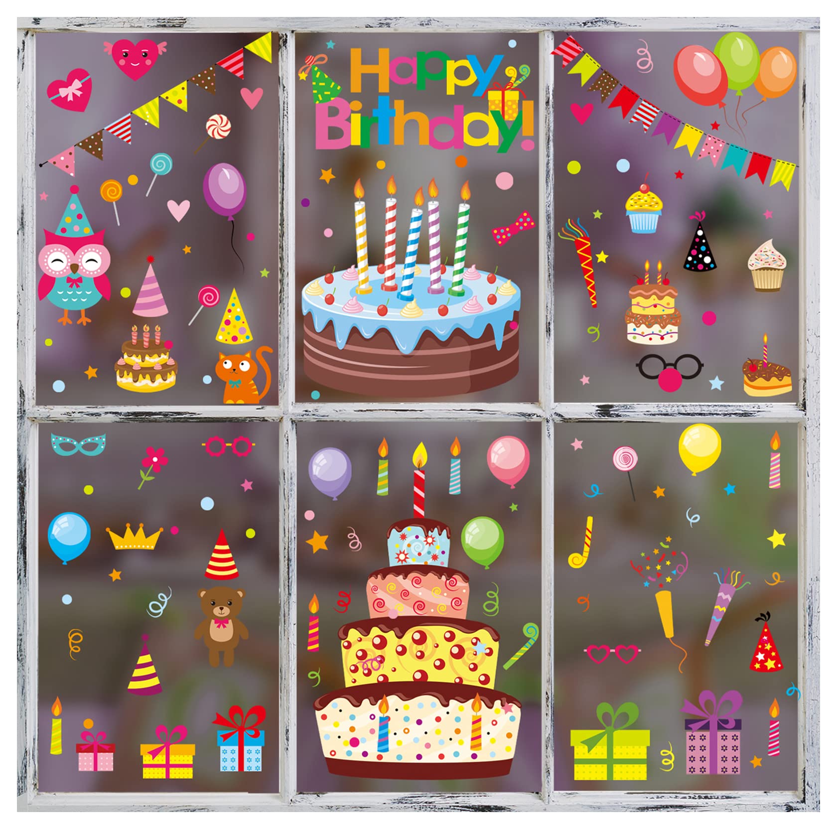 131Pcs Happy Birthday Window Clings - Birthday Party Decorations Stickers Set with Letters, Cake, Balloons & Banner - Unique 2024 Window Decals for Birthday Celebrations, Home & Office Party Decor