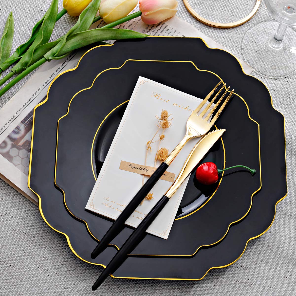 Supernal 34-Piece Gold Plastic Silverware Set with Black Handles - Includes 30 Gold-Rimmed Black Dinner Plates & 30 Appetizer Plates - Elegant Disposable Cutlery for Parties, Weddings, Birthdays & Formal Events