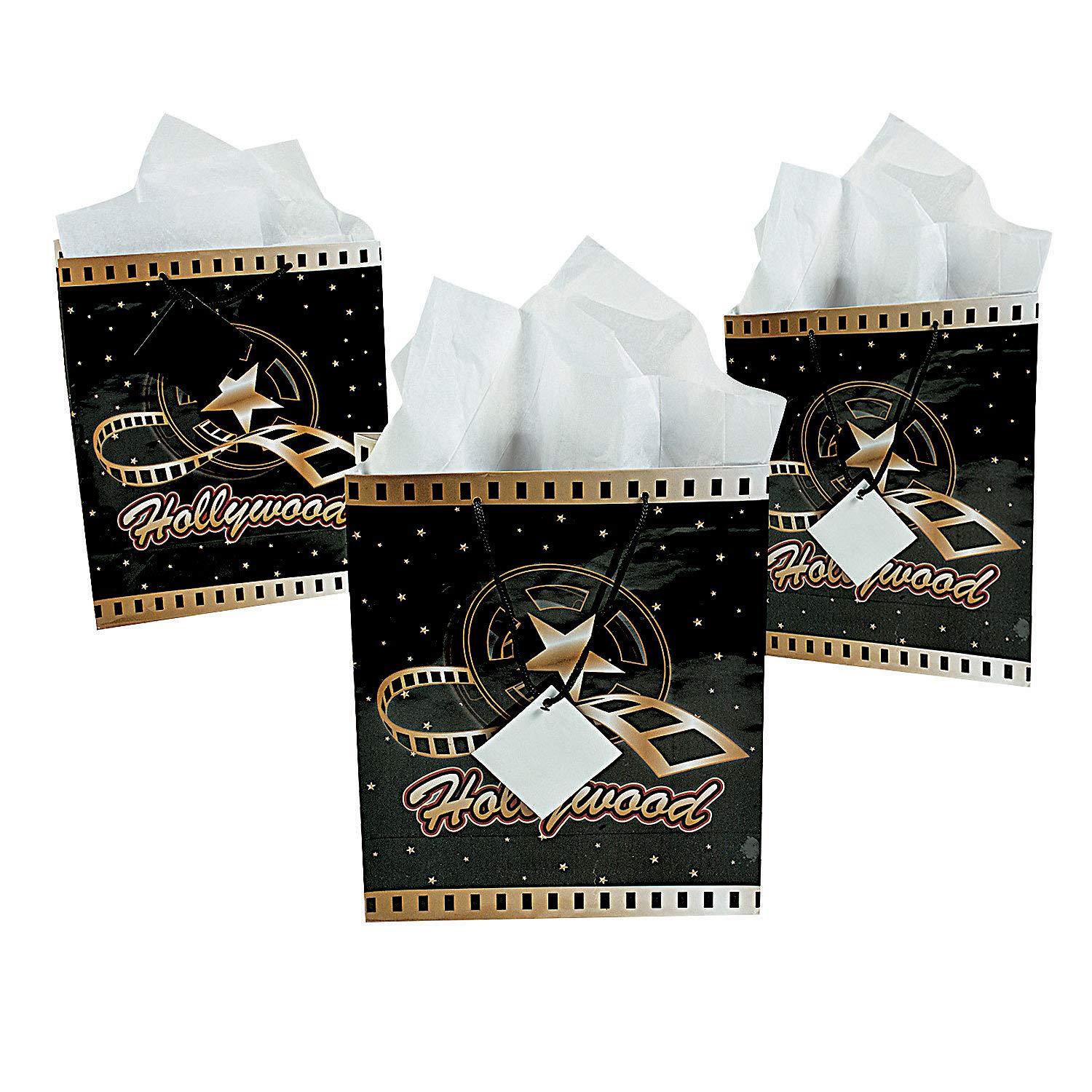 12 Pack Medium Hollywood Gift Bags with Tags - Premium Movie Night & Awards Party Supplies for Oscar Night, Birthday Celebrations, and Red Carpet Events