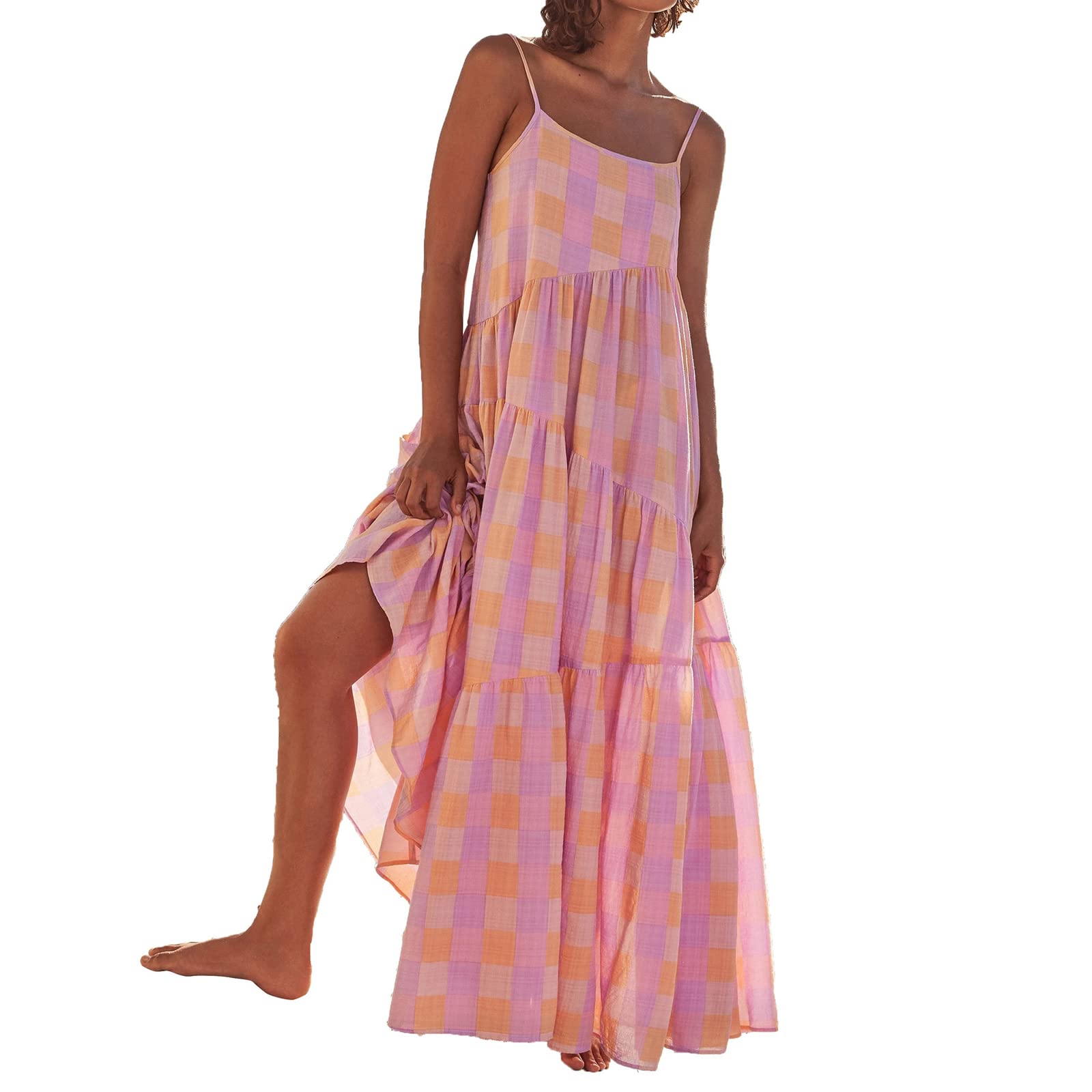 Women's Casual Summer Dress - Multicolor Plaid Print, Stitching Detail, Big Hem - Perfect for Beach, Vacation & Everyday Wear