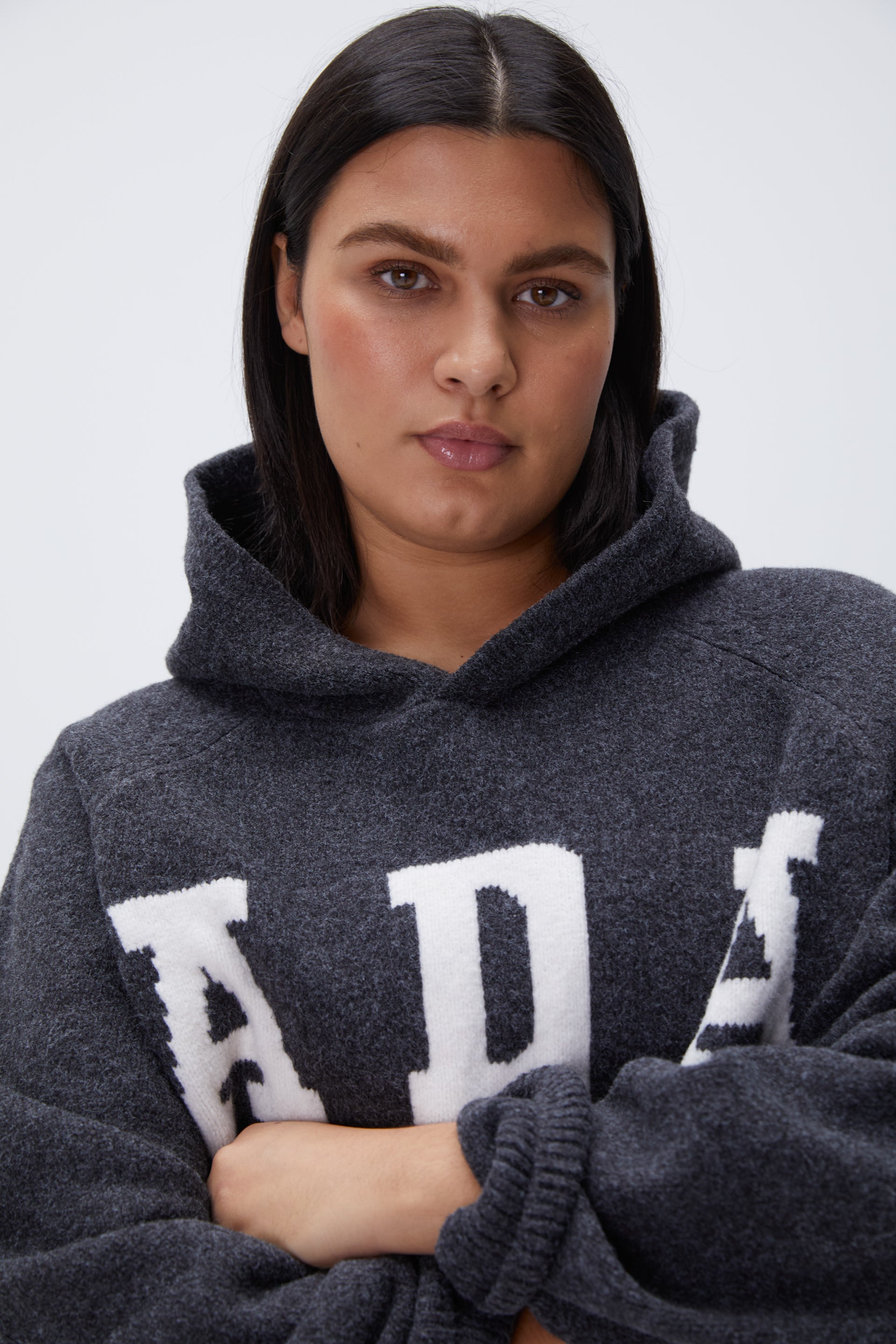 ADA Oversized Knit Hoodie for Women - Dark Grey & Cream - Cozy Winter Pullover for Casual Outfits & Loungewear