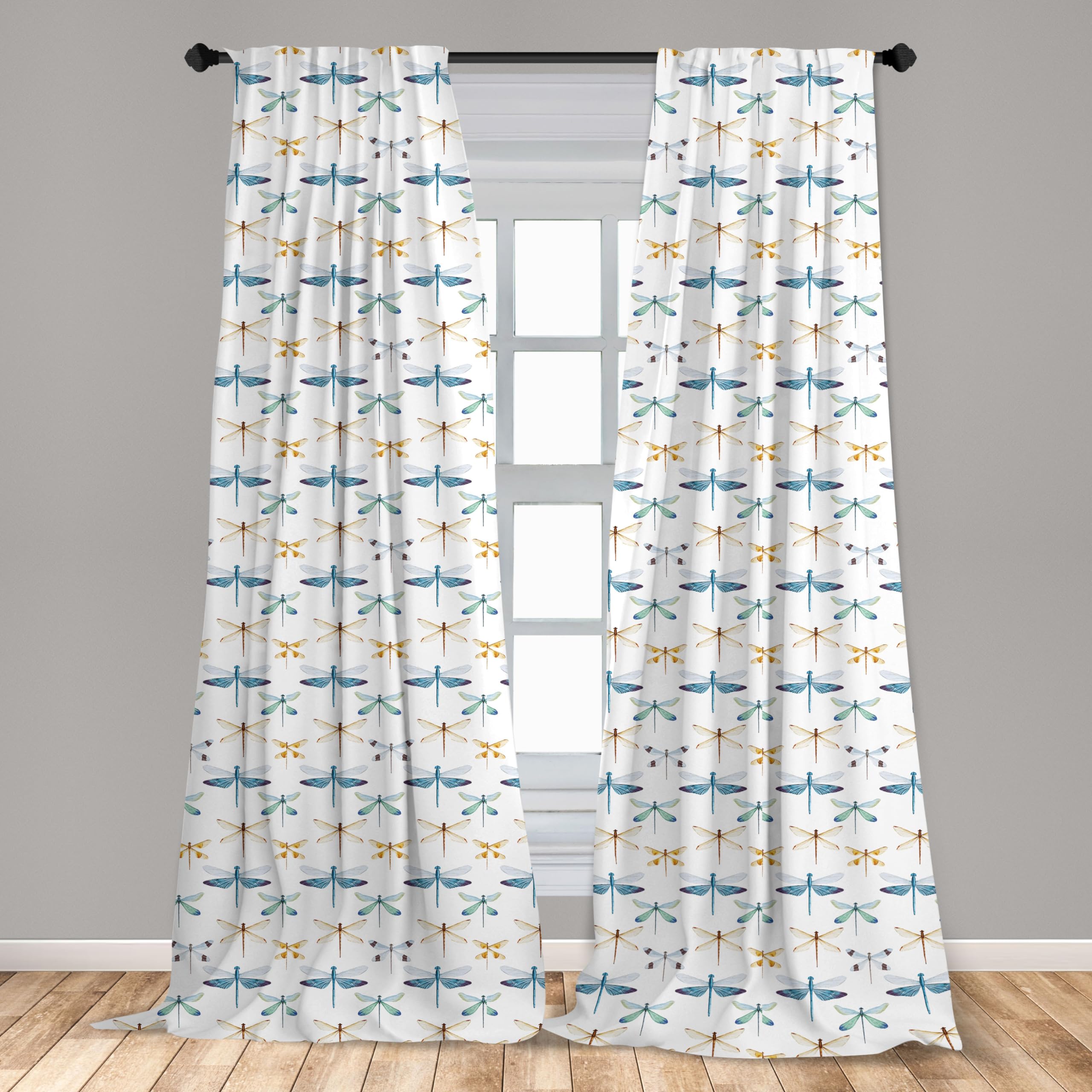 Ambesonne Dragonfly Window Curtains Set of 2 - Black & White Dragonfly Pattern Lightweight Rod Pocket Curtains 28x95 Inches - Perfect for Living Room, Bedroom & Kitchen Decor