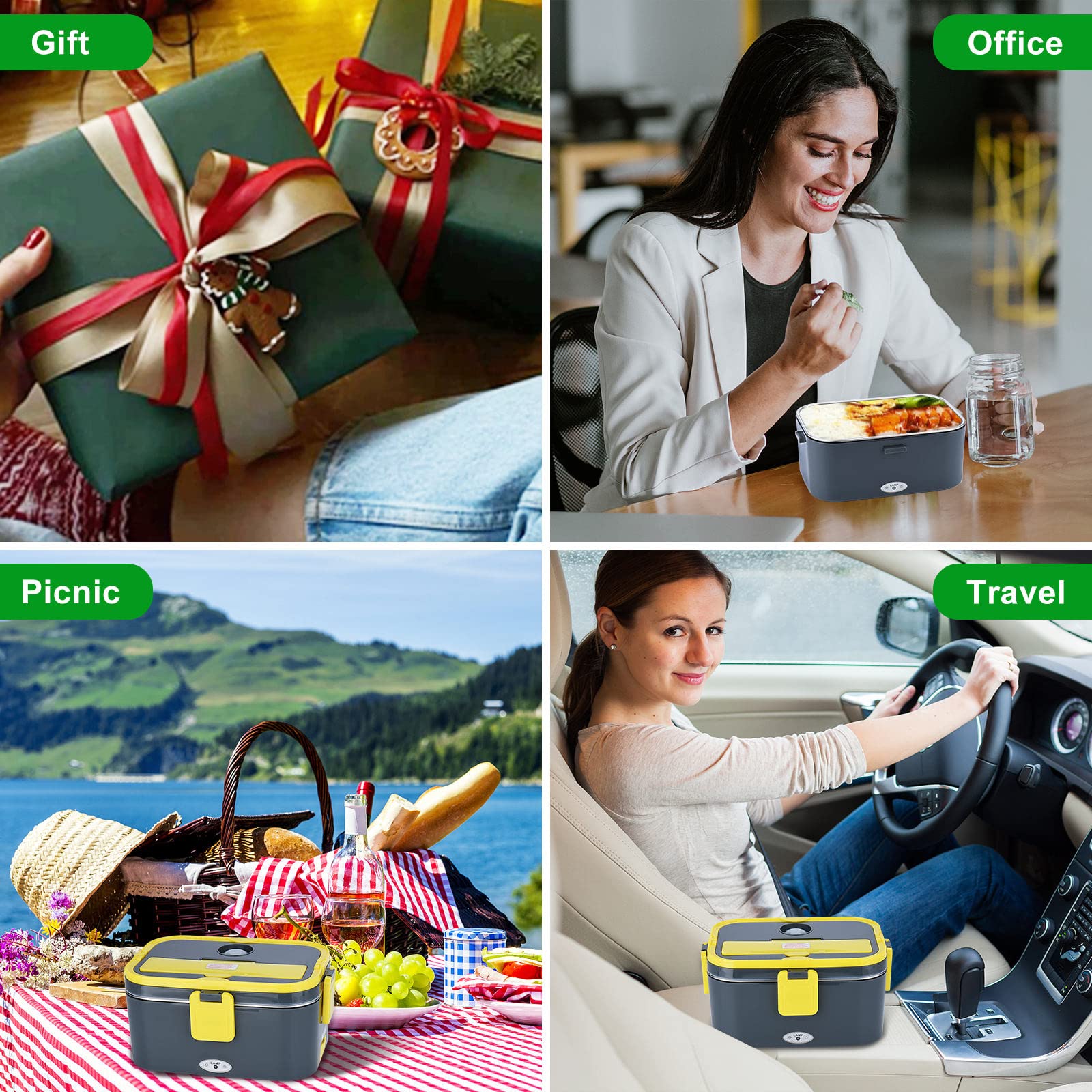 FVW 80W Electric Lunch Box - Portable Food Warmer for Car, Truck & Home - 1.8L 304 Stainless Steel Container with 0.45L Compartment - 12V/24V/110V Self-Heating Meal Box (White & Grey) - Perfect for Commuting, Road Trips & Office Lunch