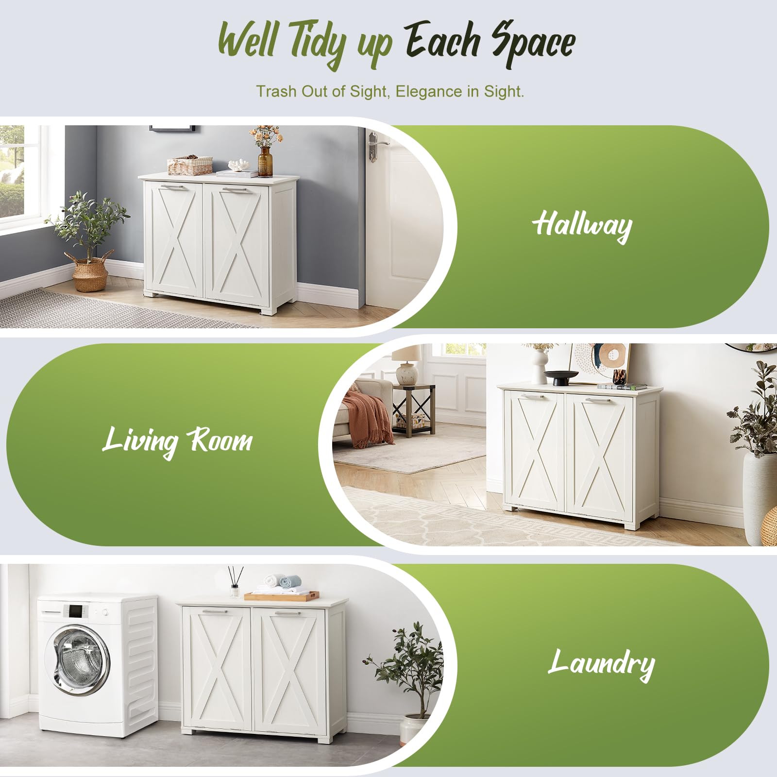 20-Gallon Tilt-Out Trash Can Cabinet with Odor Control | Pull-Out Recycling Bin Storage for Kitchen, Bedroom & Laundry | White Wooden Top Organizer | Perfect for Small Spaces & Waste Management