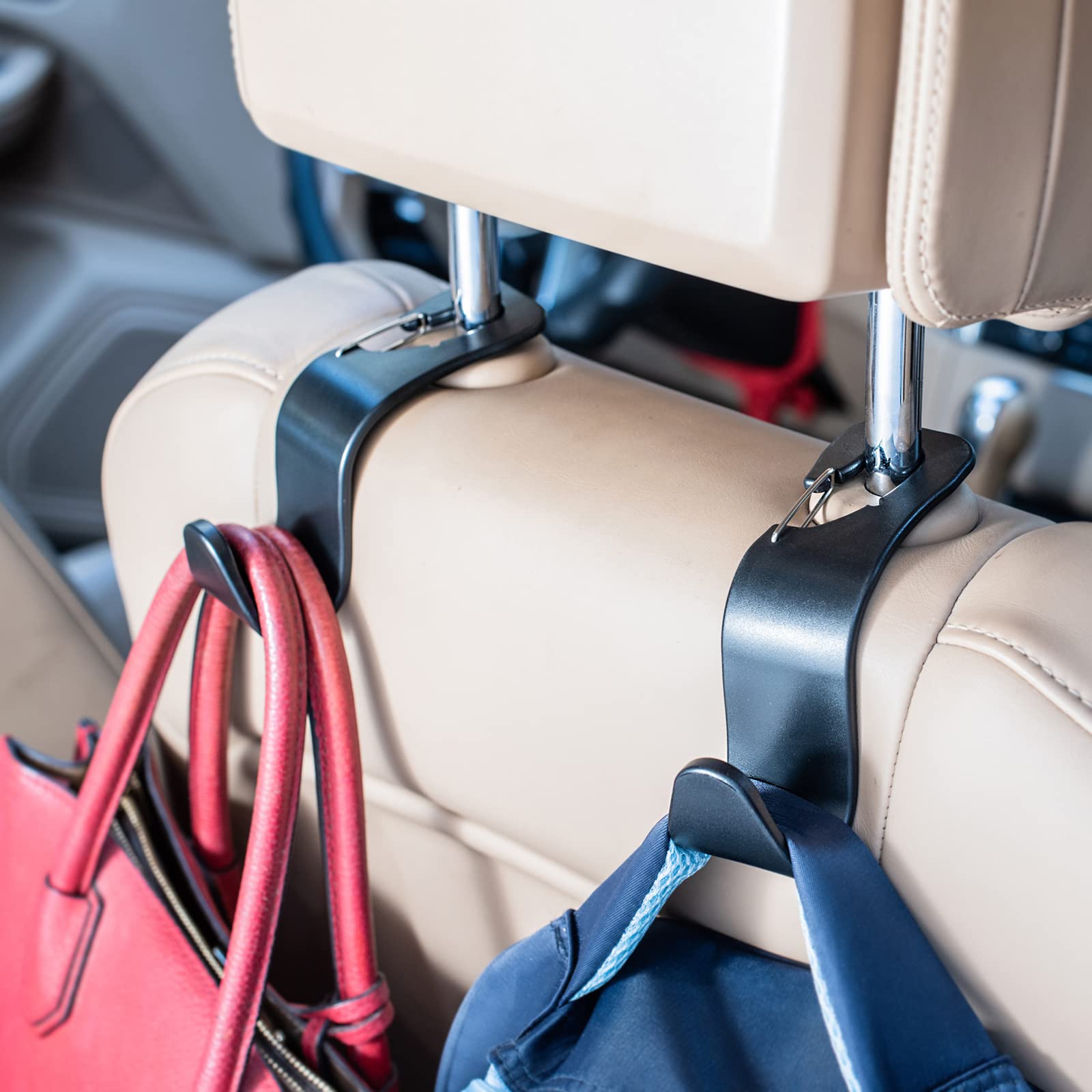 4 Pack Car Seat Hooks with Metal Lock - Heavy Duty Headrest Hooks for Purses, Groceries & Shopping Bags | Perfect for Road Trips, Commuting & Hands-Free Car Organization