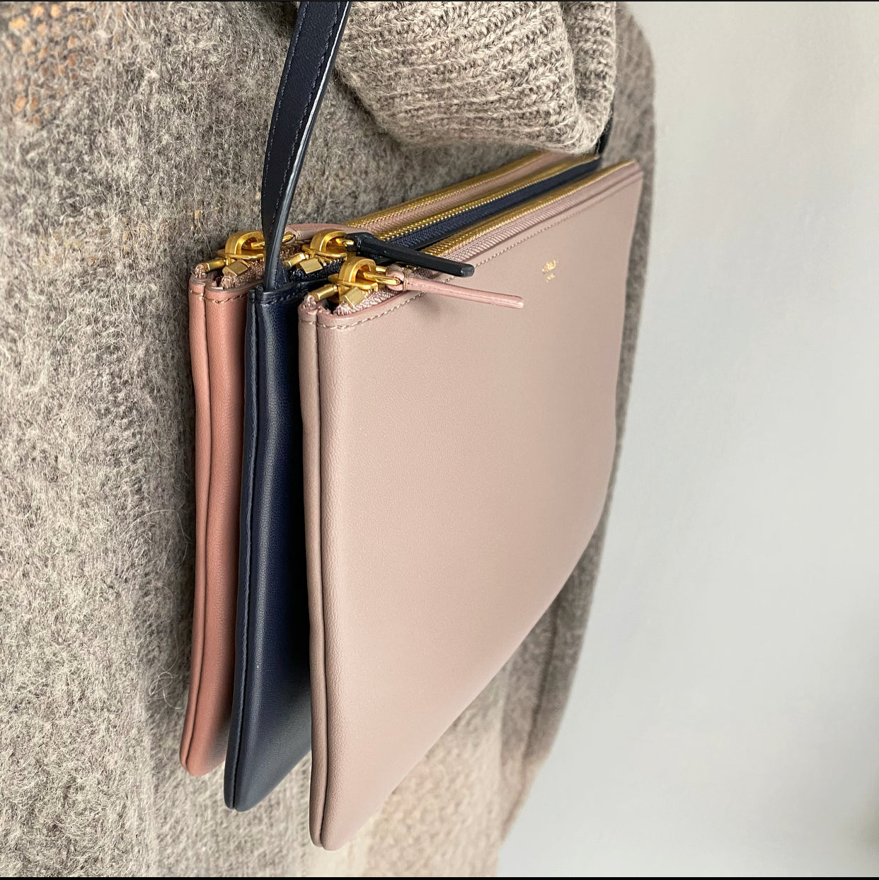Celine Leather Trio Crossbody Bag for Women - Mauve, Navy & Rose Pink | Stylish Shoulder Purse for Work, Travel & Everyday Use